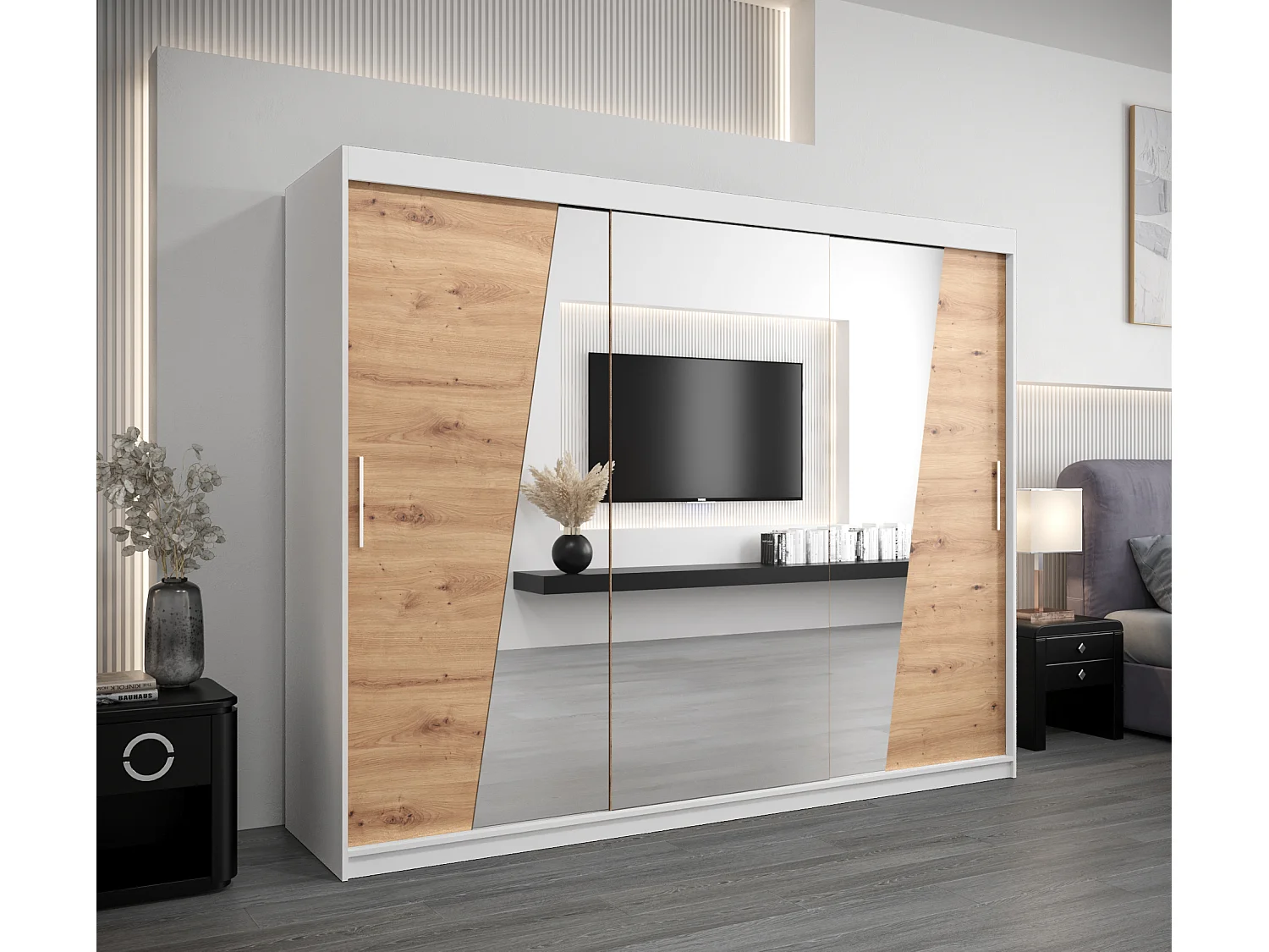 Armoire Rhomb À Portes Coulissantes 200/250/62 3 Portes (Blanc/Artisan)