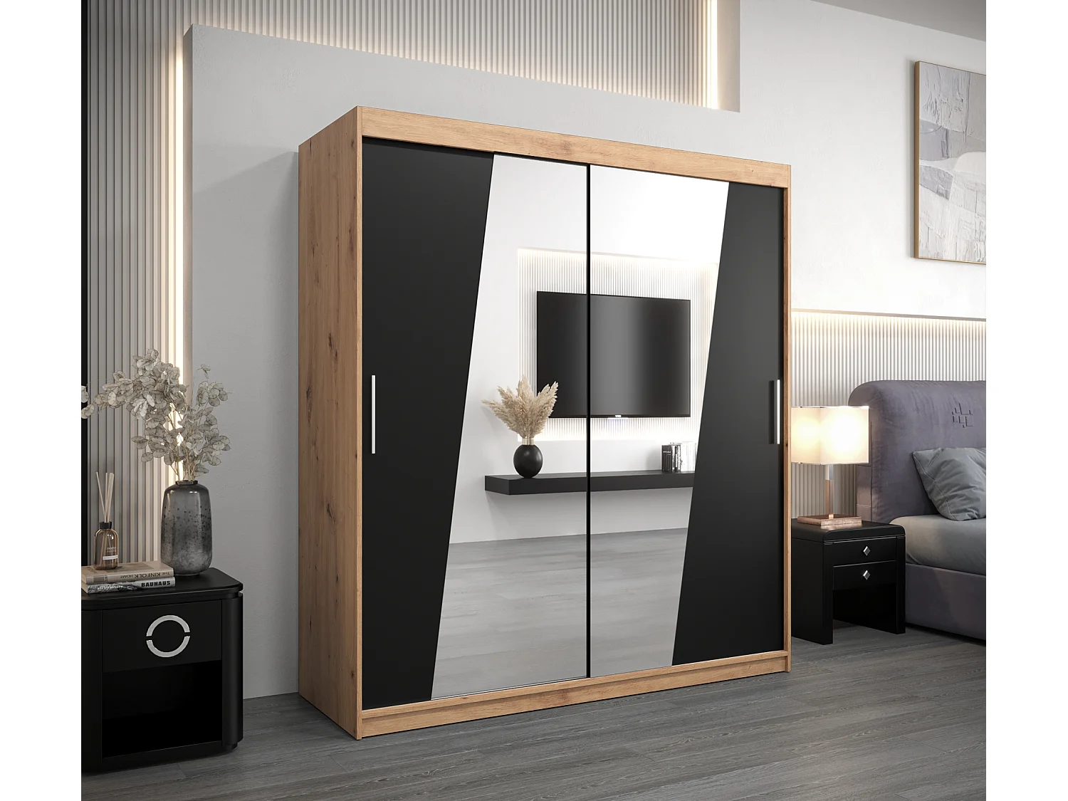 Armoire Rhomb À Portes Coulissantes 200/180/62 2 portes (Artisan/Noir)