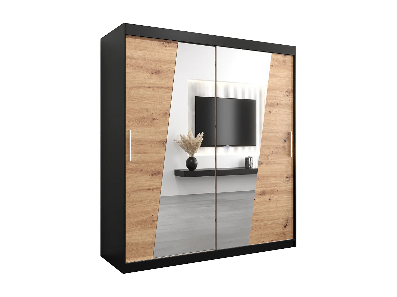 Schwebetürenschrank Rhomb 200/180/62 2-Türig (Schwarz/Artisan)