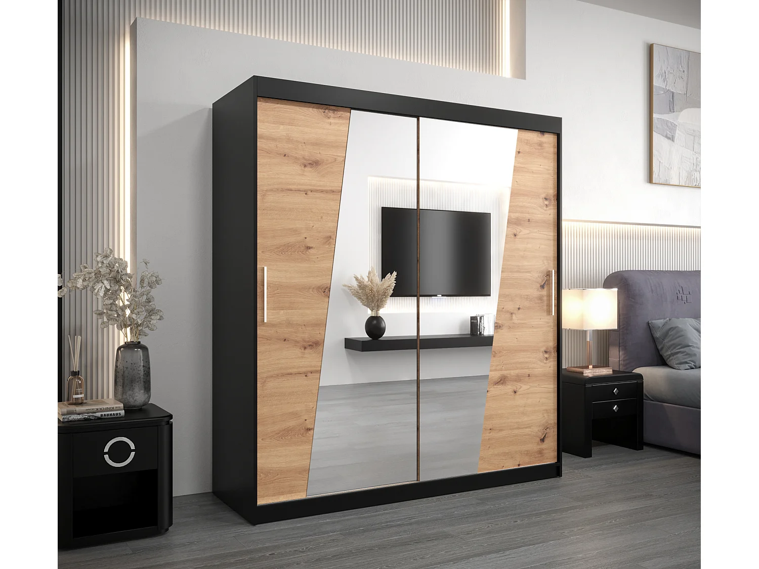 Schwebetürenschrank Rhomb 200/180/62 2-Türig (Schwarz/Artisan)