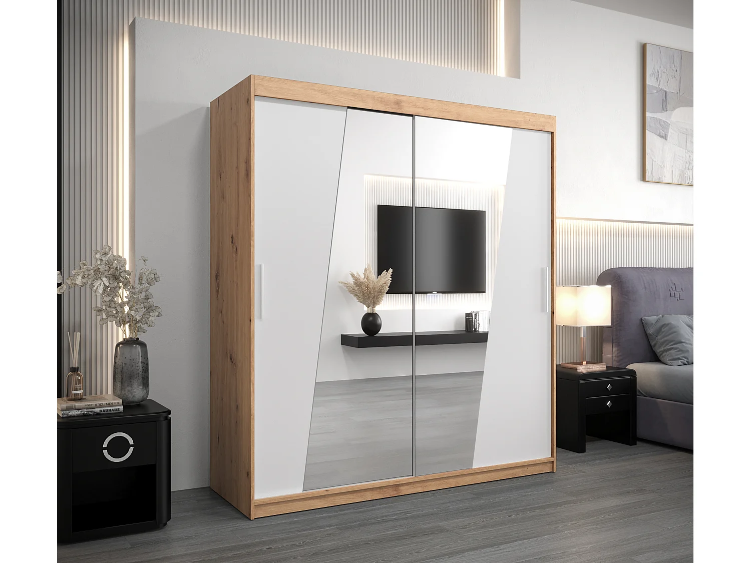 Armoire Rhomb À Portes Coulissantes 200/180/62 2 portes (Artisan/Blanc)