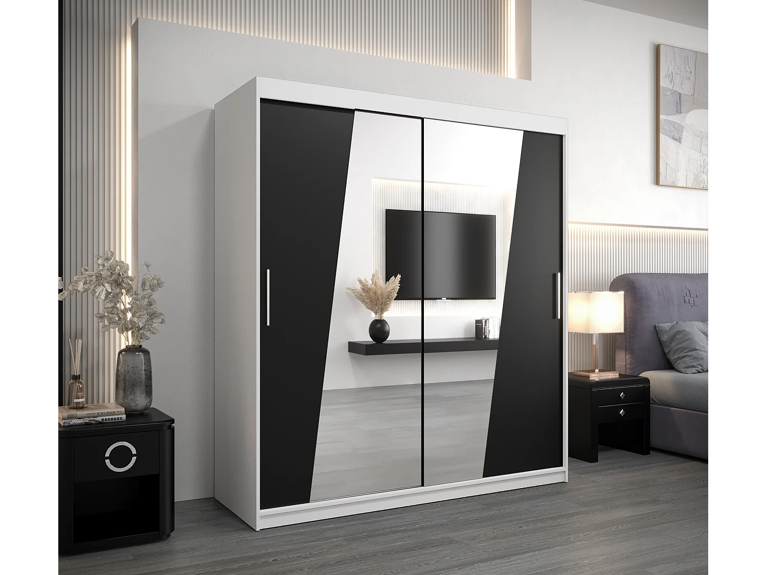 Schwebetürenschrank Rhomb 200/180/62 2-Türig (Weiß/Schwarz)