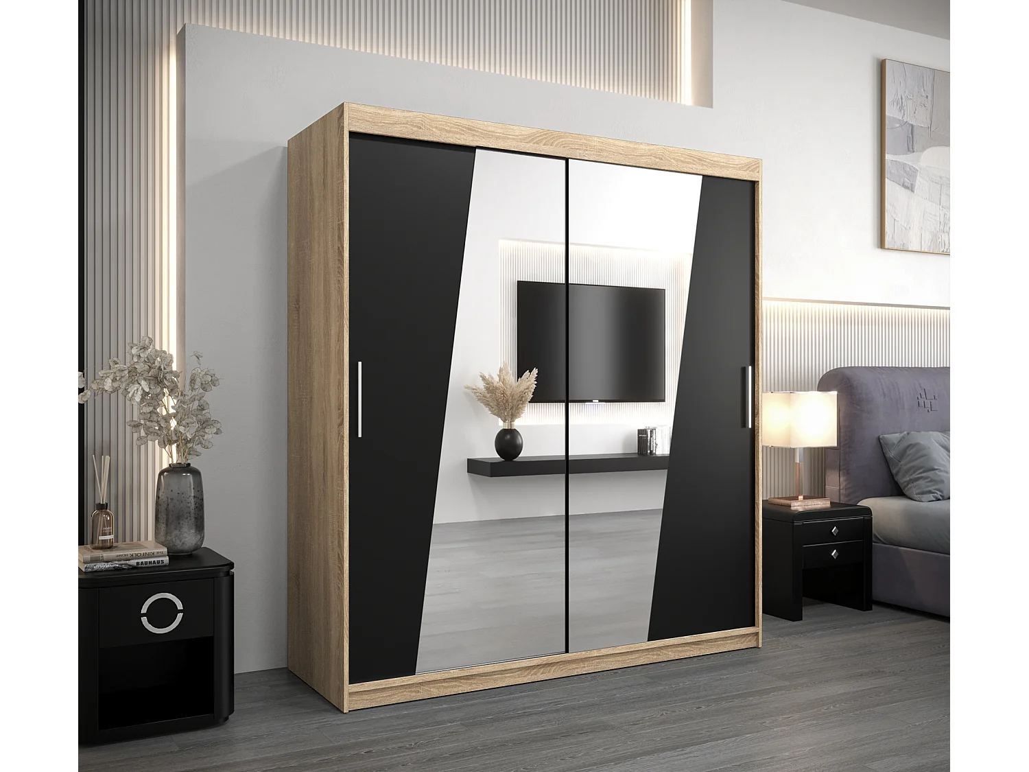 Schwebetürenschrank Rhomb 200/180/62 2-Türig (Sonoma/Schwarz)