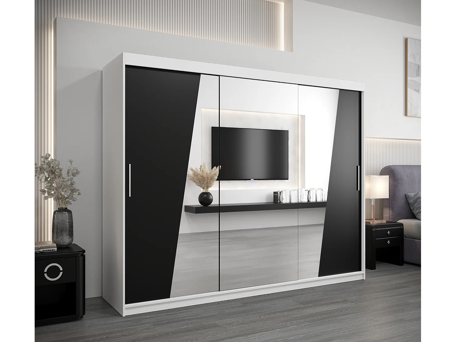 Armoire Rhomb À Portes Coulissantes 200/250/62 3 Portes (Blanc/Noir)