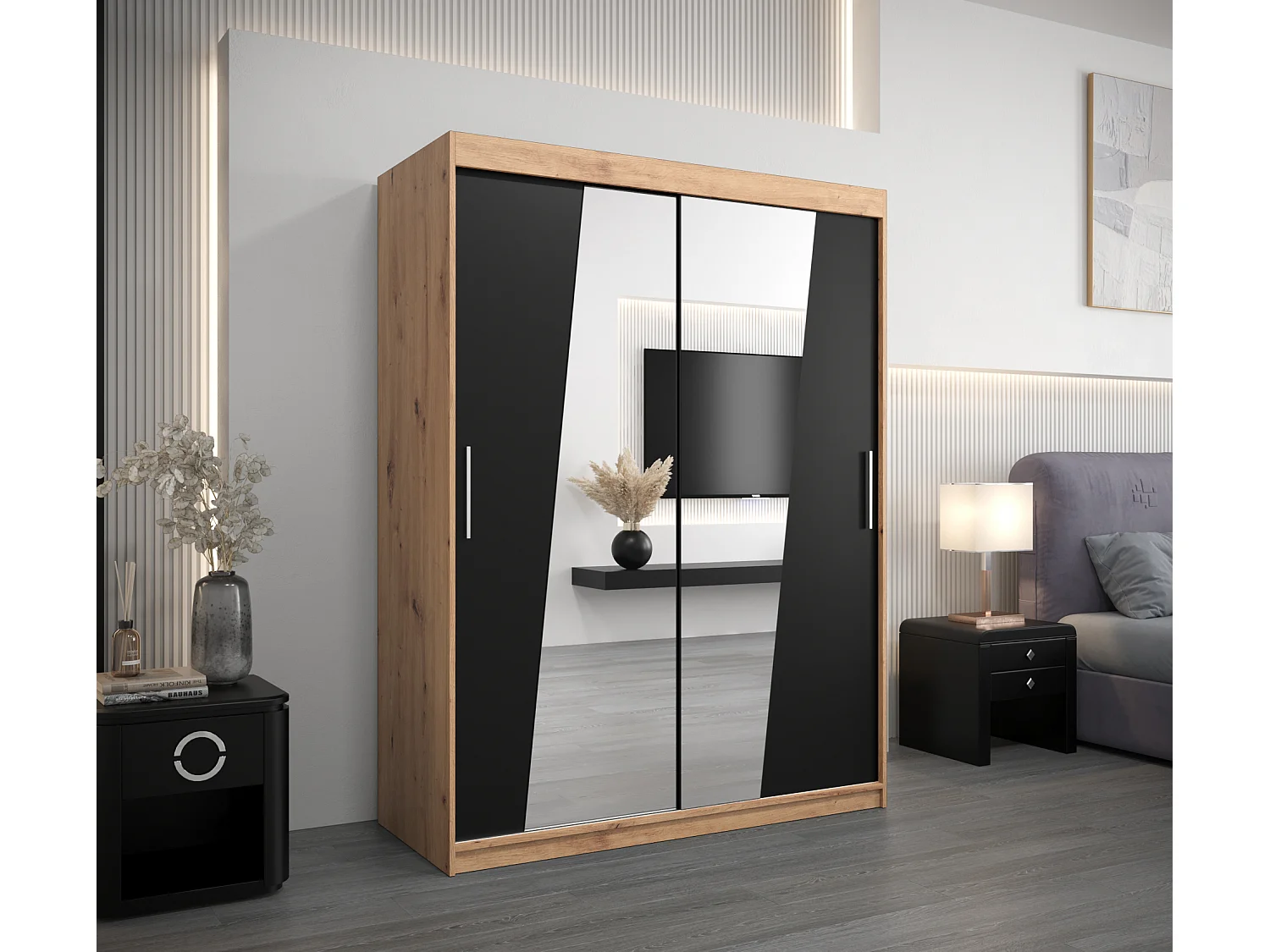 Armoire Rhomb À Portes Coulissantes 200/150/62 2 portes (Artisan/Noir)