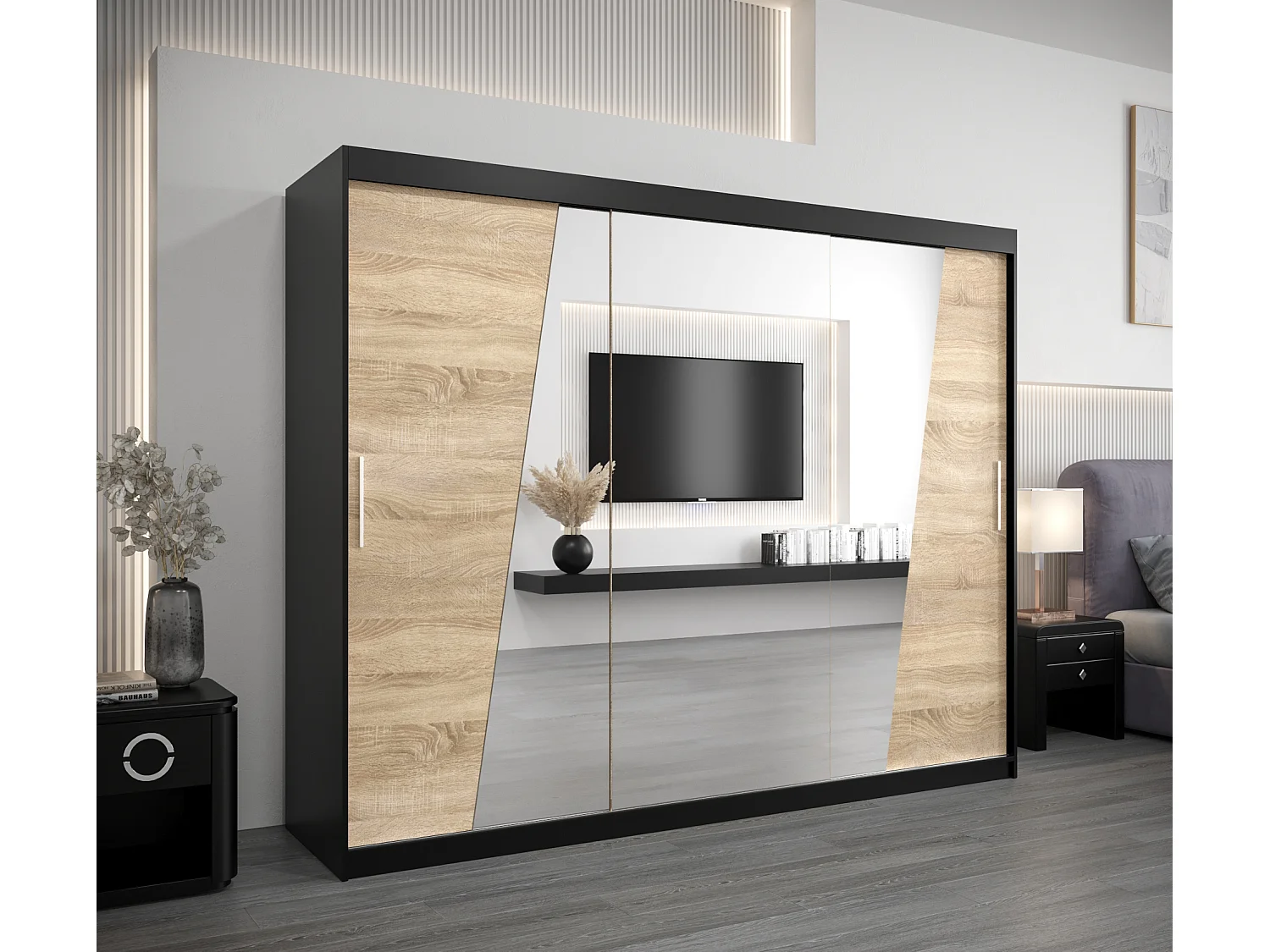 Armoire Rhomb À Portes Coulissantes 200/250/62 3 Portes (Noir/Sonoma)