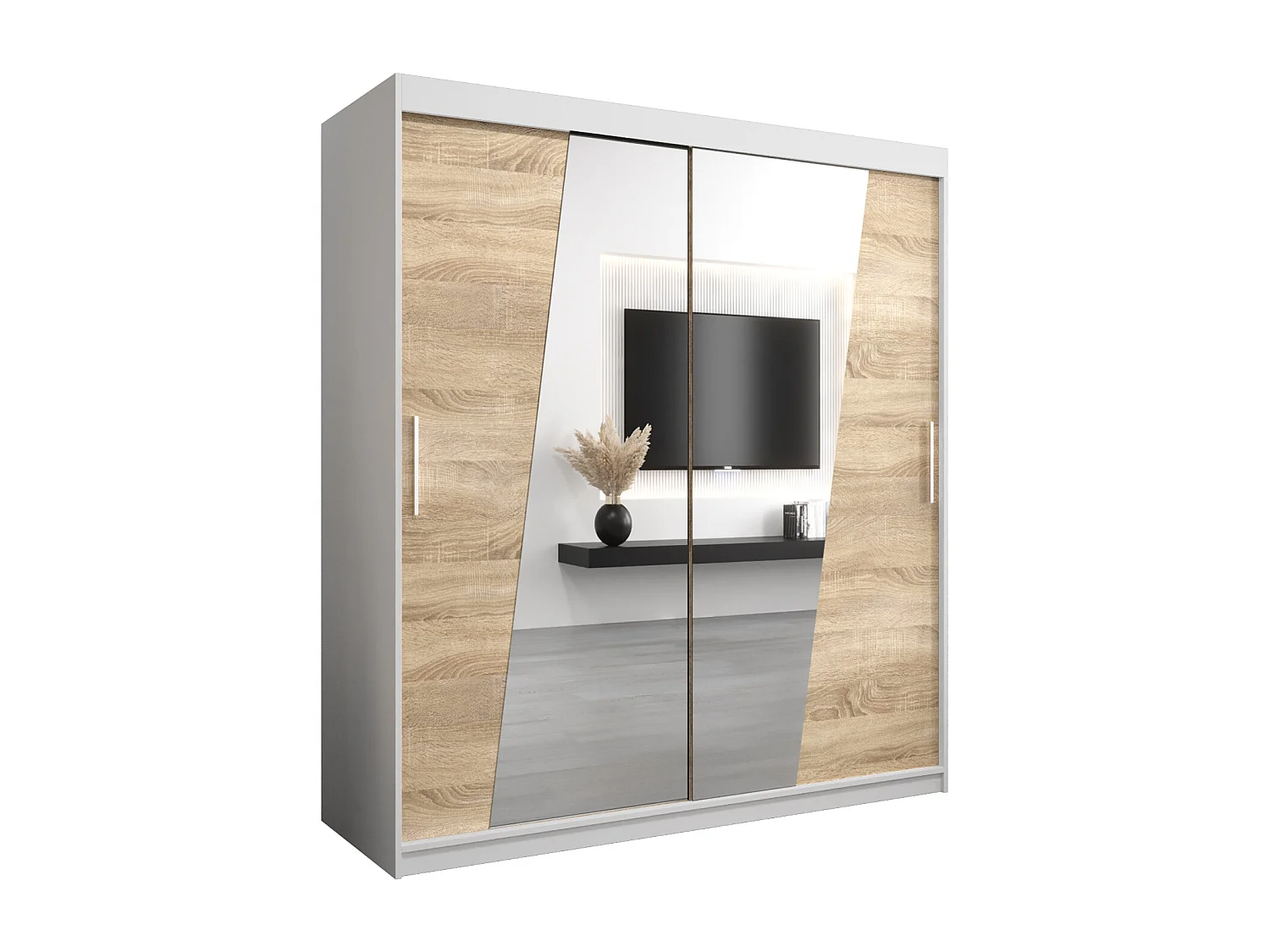 Schwebetürenschrank Rhomb 200/180/62 2-Türig (Weiß/Sonoma)