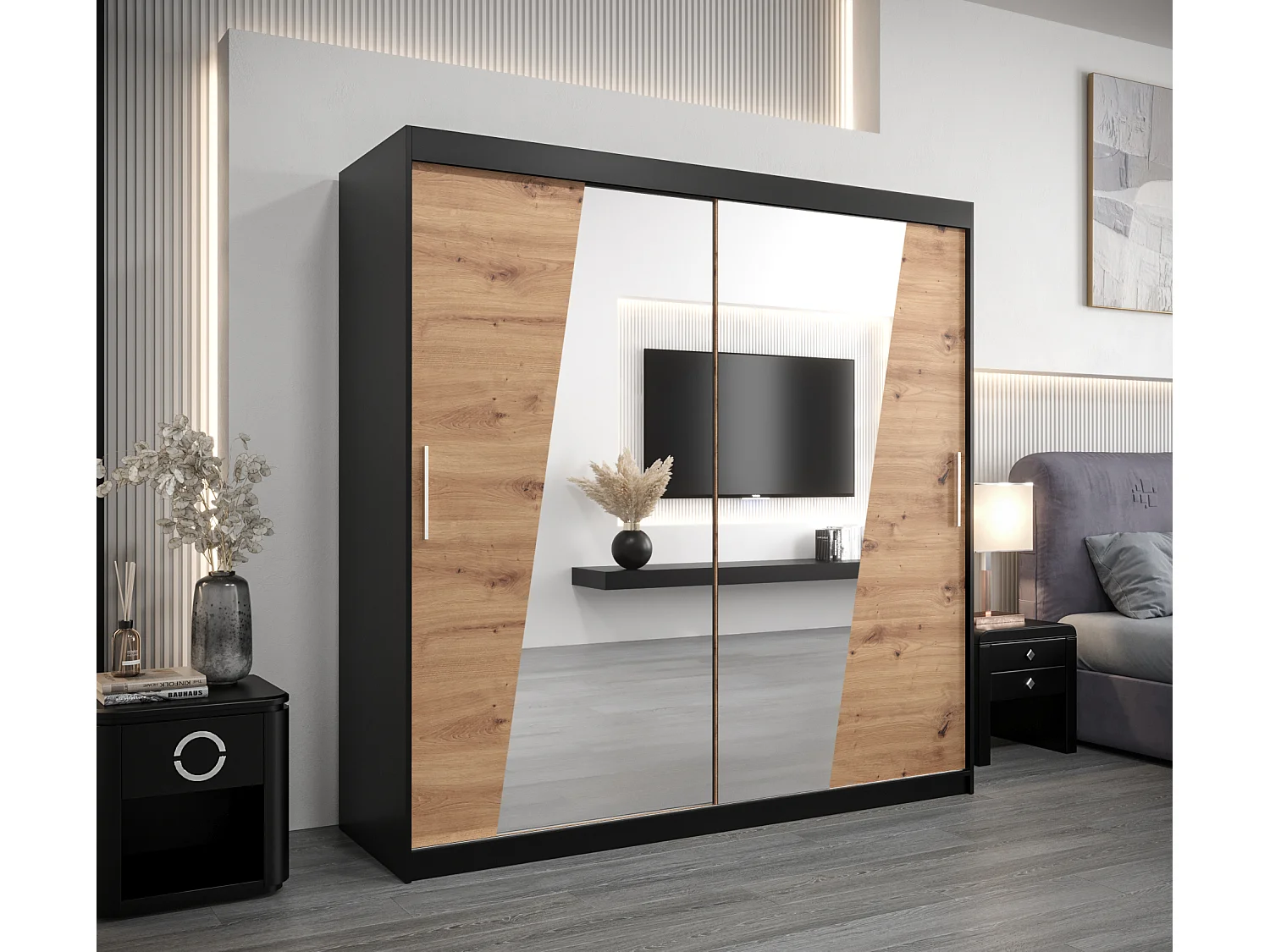 Schwebetürenschrank Rhomb 200/200/62 2-Türig (Schwarz/Artisan)