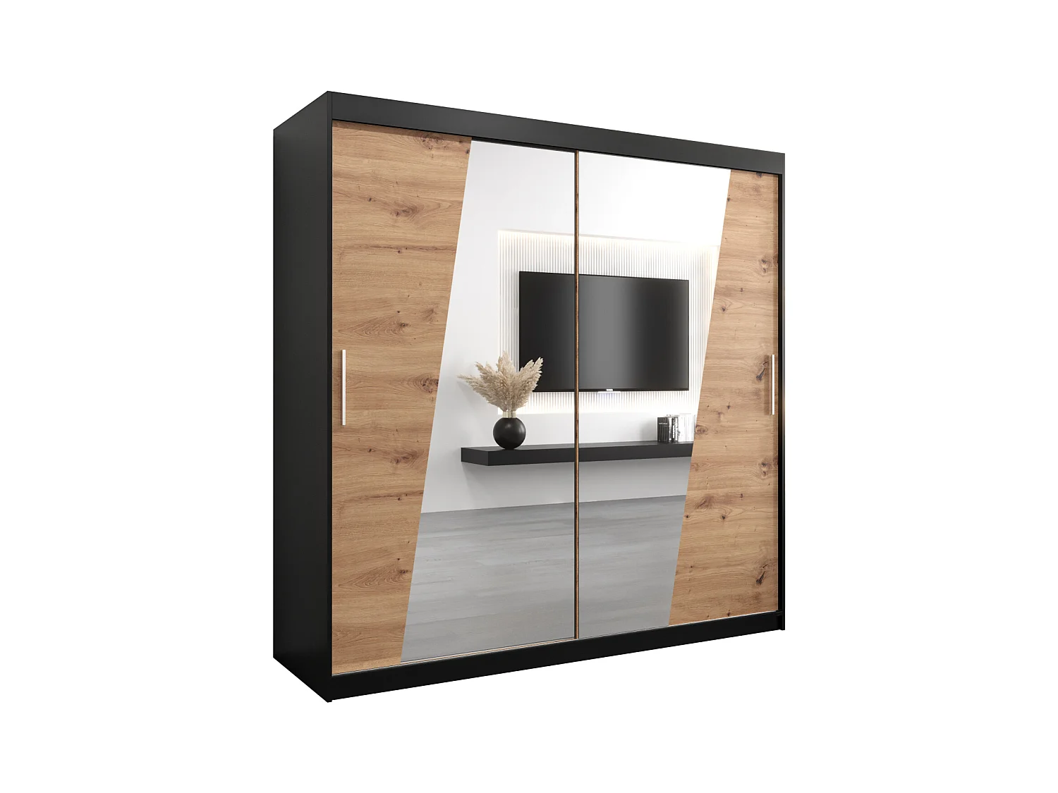 Schwebetürenschrank Rhomb 200/200/62 2-Türig (Schwarz/Artisan)