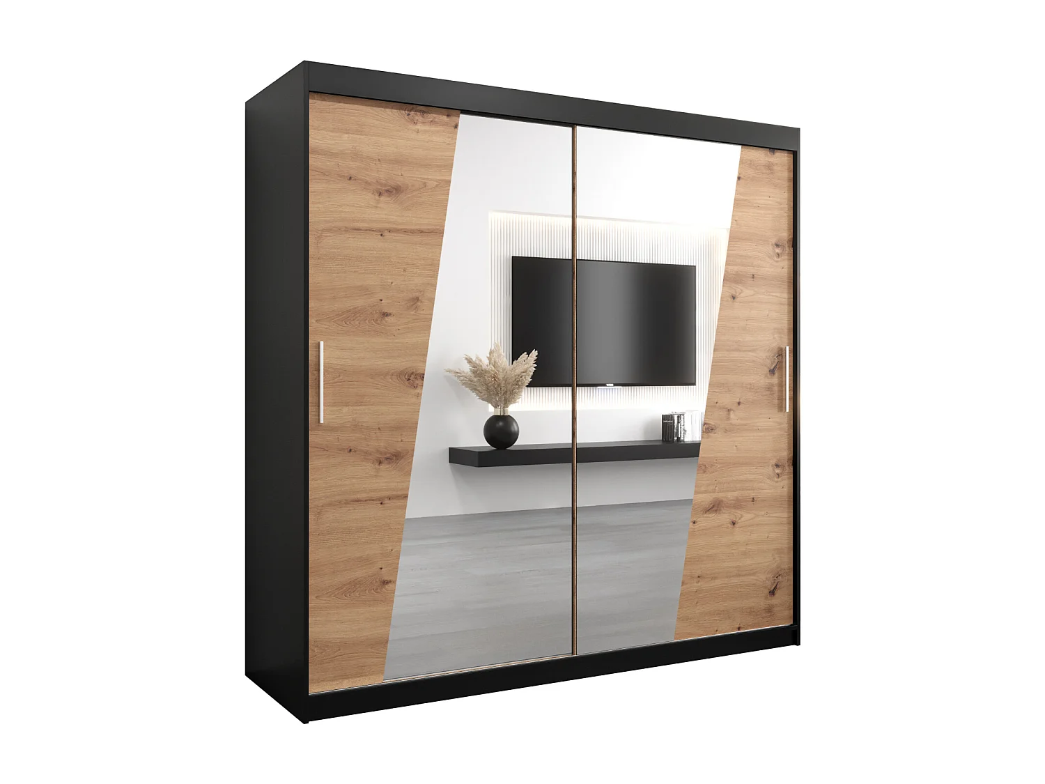 Schwebetürenschrank Wave 200/200/62 2-Türig (Schwarz/Artisan)