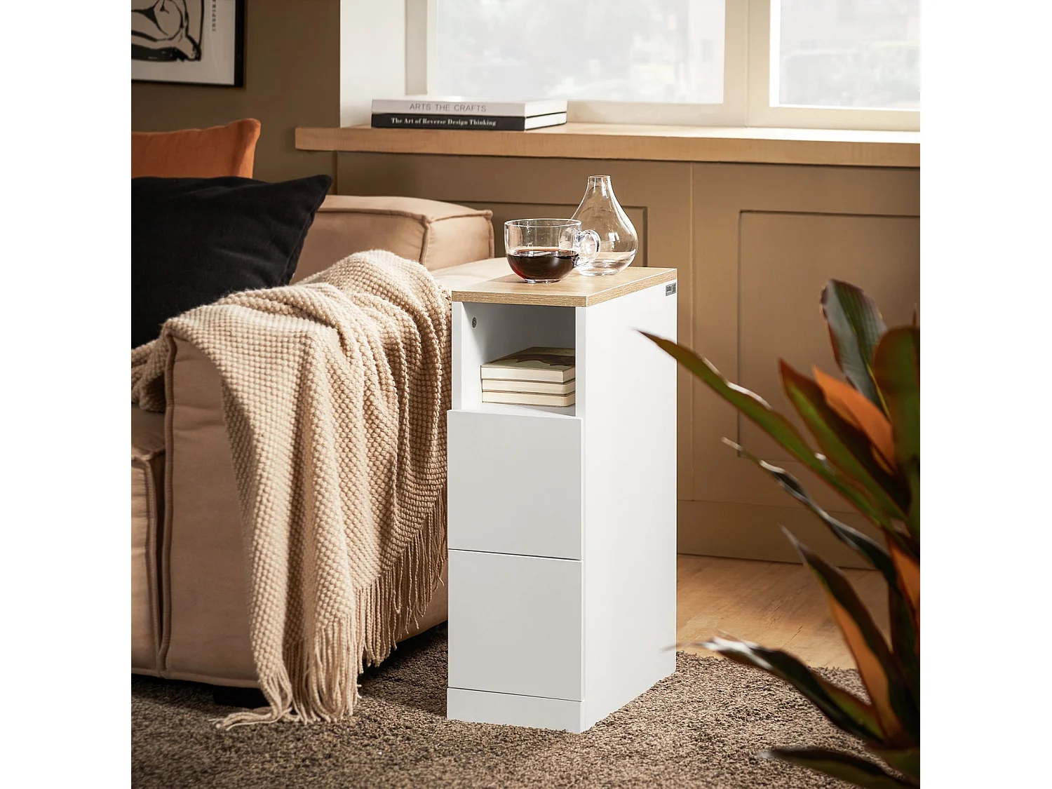 SoBuy FBT149-WN Table de Chevet Étroite Table de Nuit Bout de Canapé Table d'Appoint avec 2 Tiroirs et Compartiment Ouvert