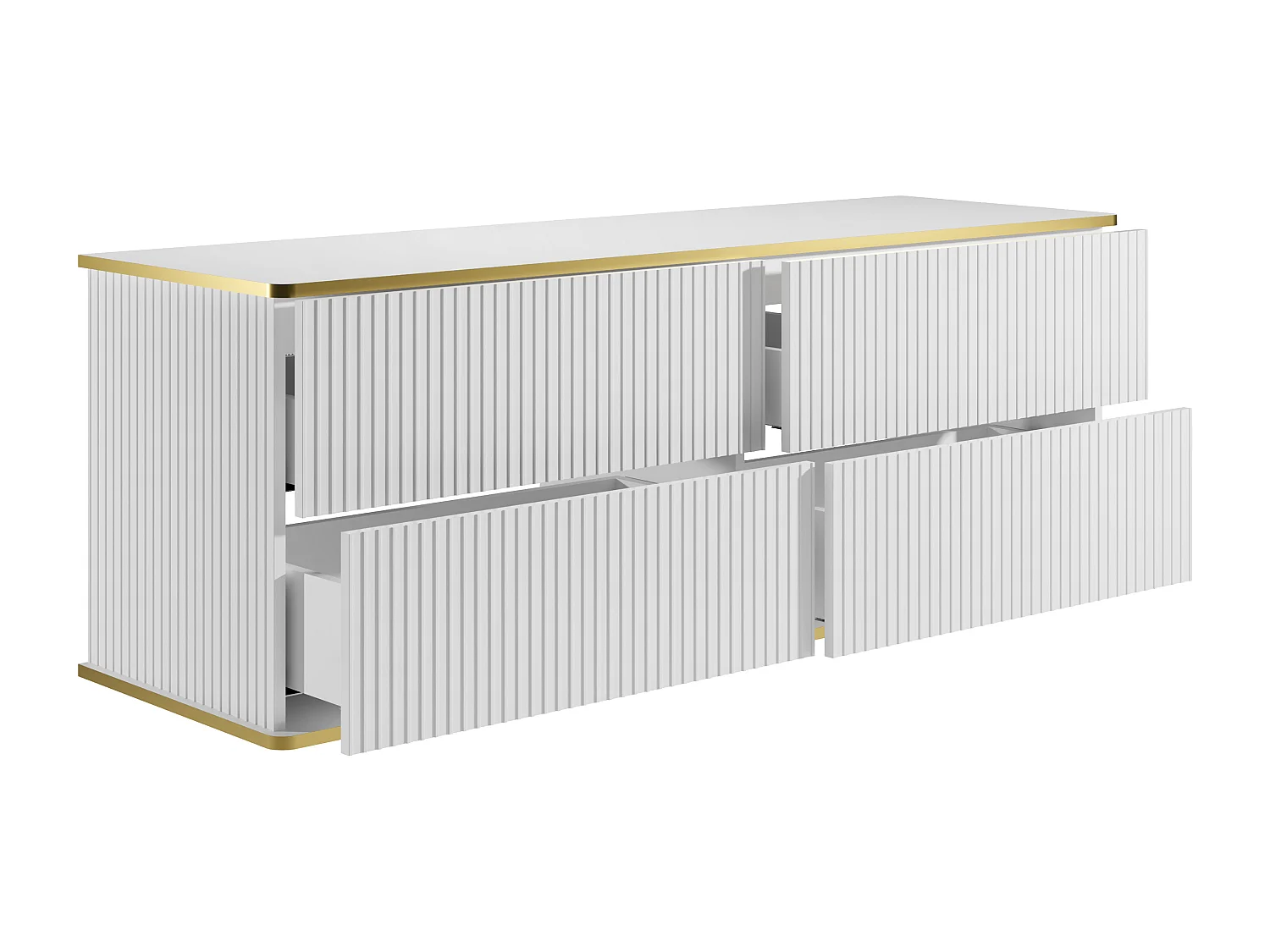Meuble sous vasque suspendu strié liseré doré 4 tiroirs  - Blanc - 150 cm - KELIZA