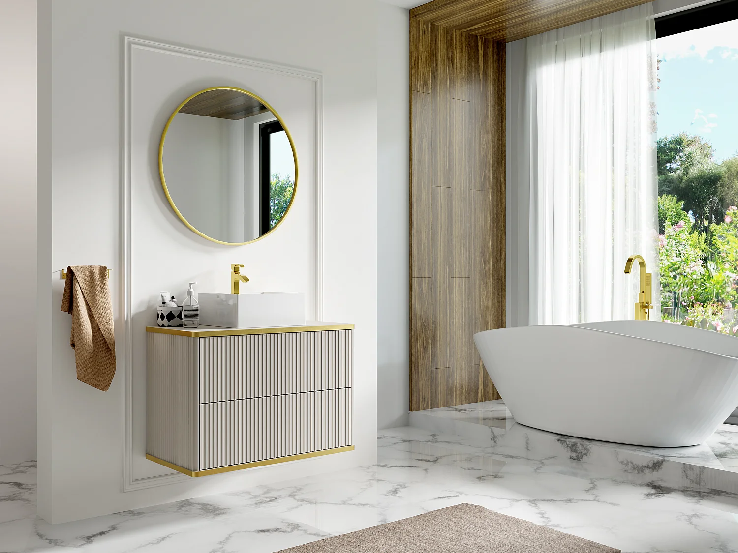 Meuble sous vasque suspendu strié liseré doré - Beige - L80 cm - KELIZA
