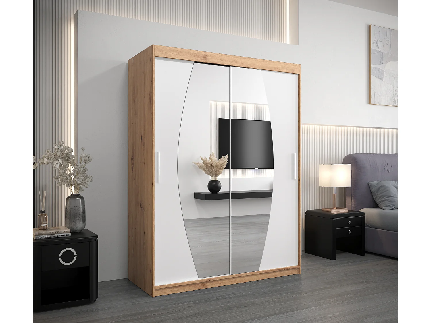 Armoire Elypse À Portes Coulissantes 200/150/62 2 portes (Artisan/Blanc)