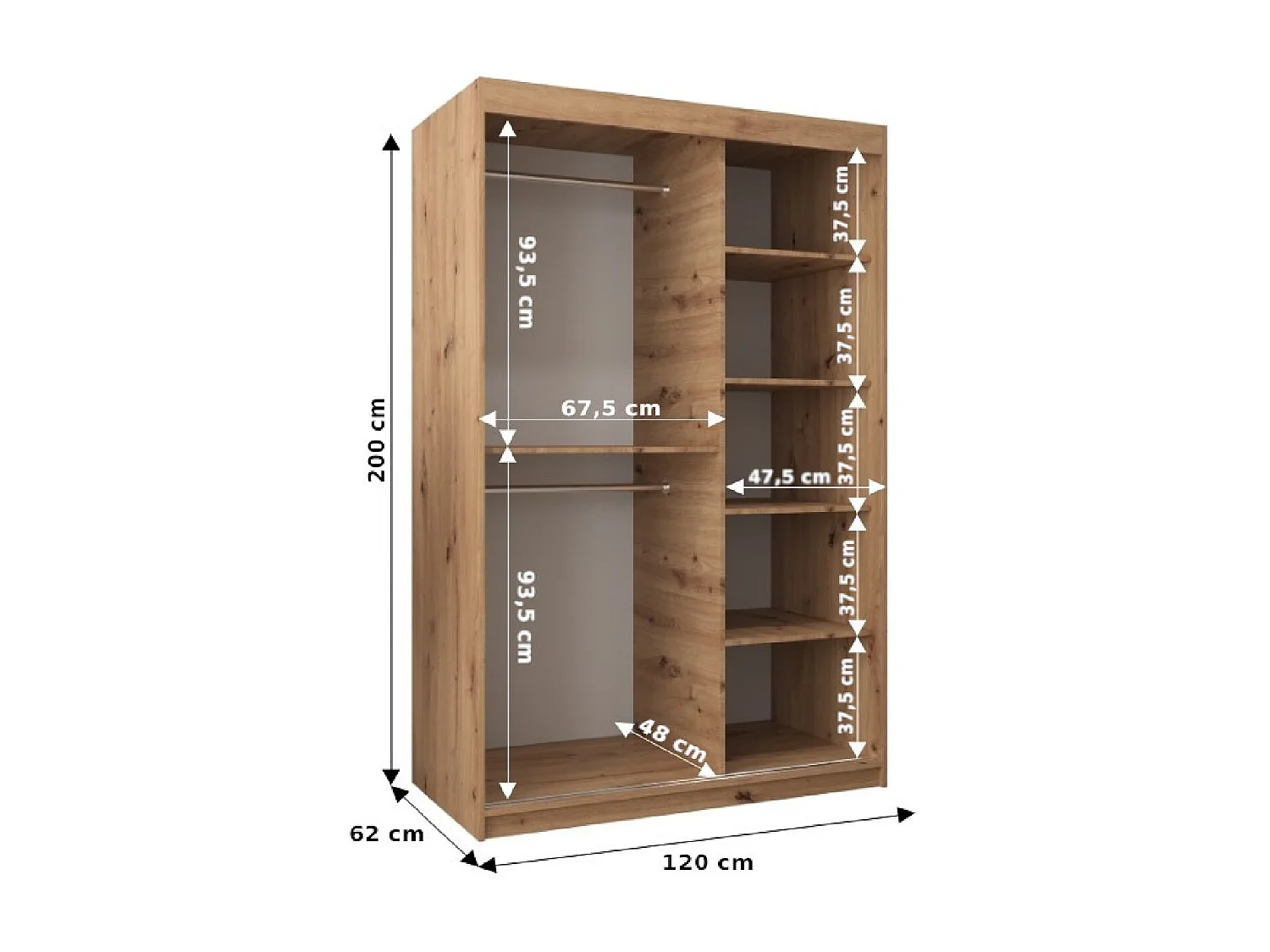 Schwebetürenschrank Elypse 200/120/62 2-Türig (Artisan/Weiß)