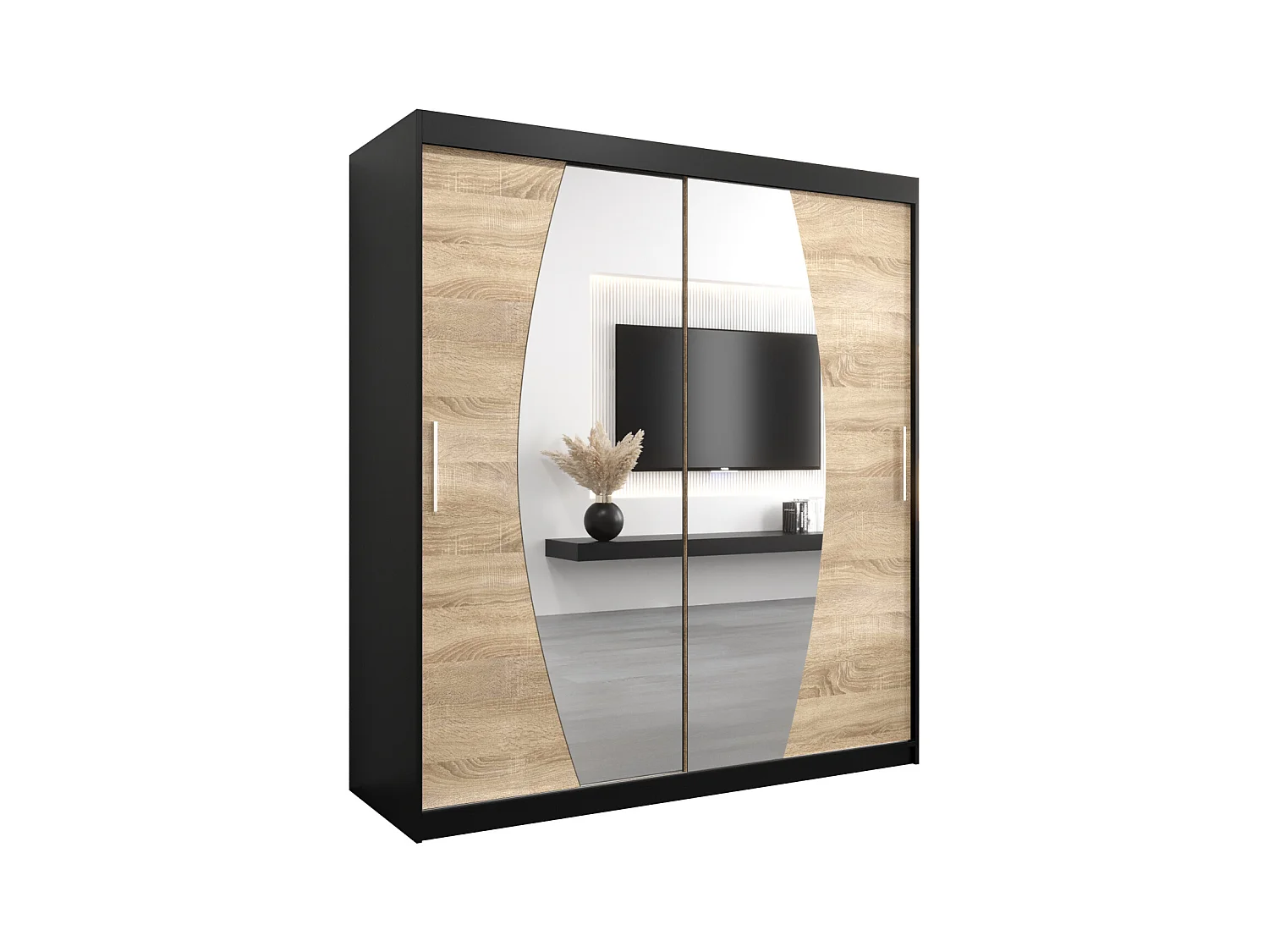 Schwebetürenschrank Elypse 200/180/62 2-Türig (Schwarz/Sonoma)