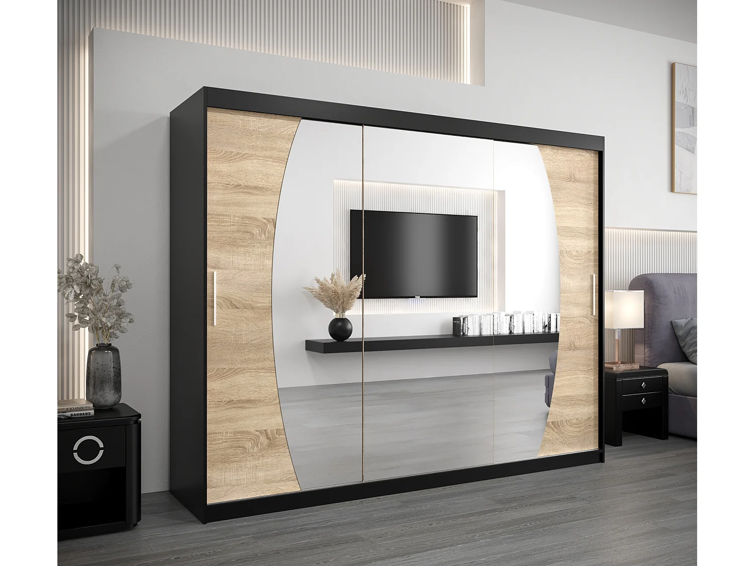 Schwebetürenschrank Elypse 200/250/62 2-Türig (Schwarz/Sonoma)