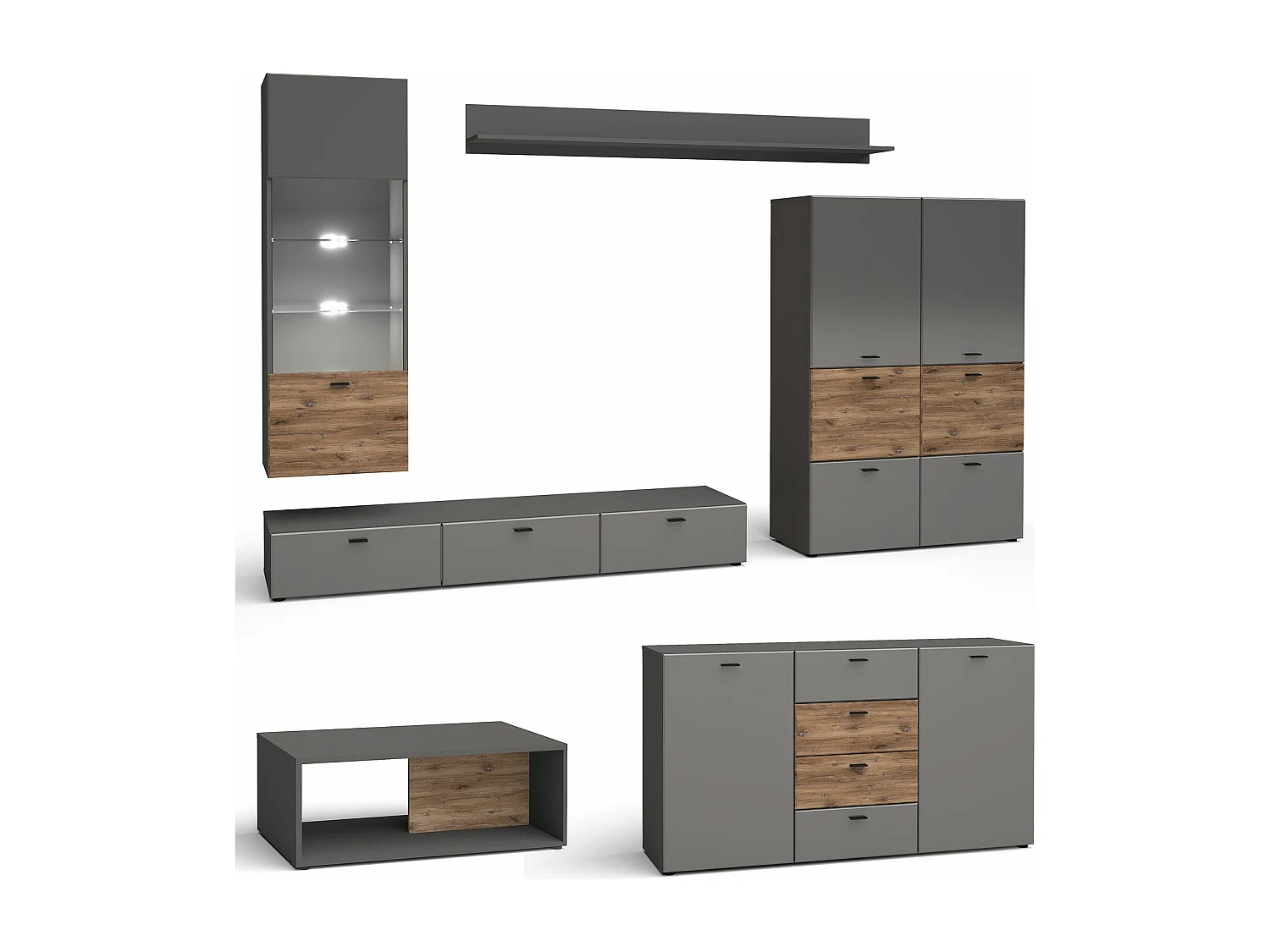 WOHNWAND Oviedo graphit matt / Flagstaff Eiche 6-teilig