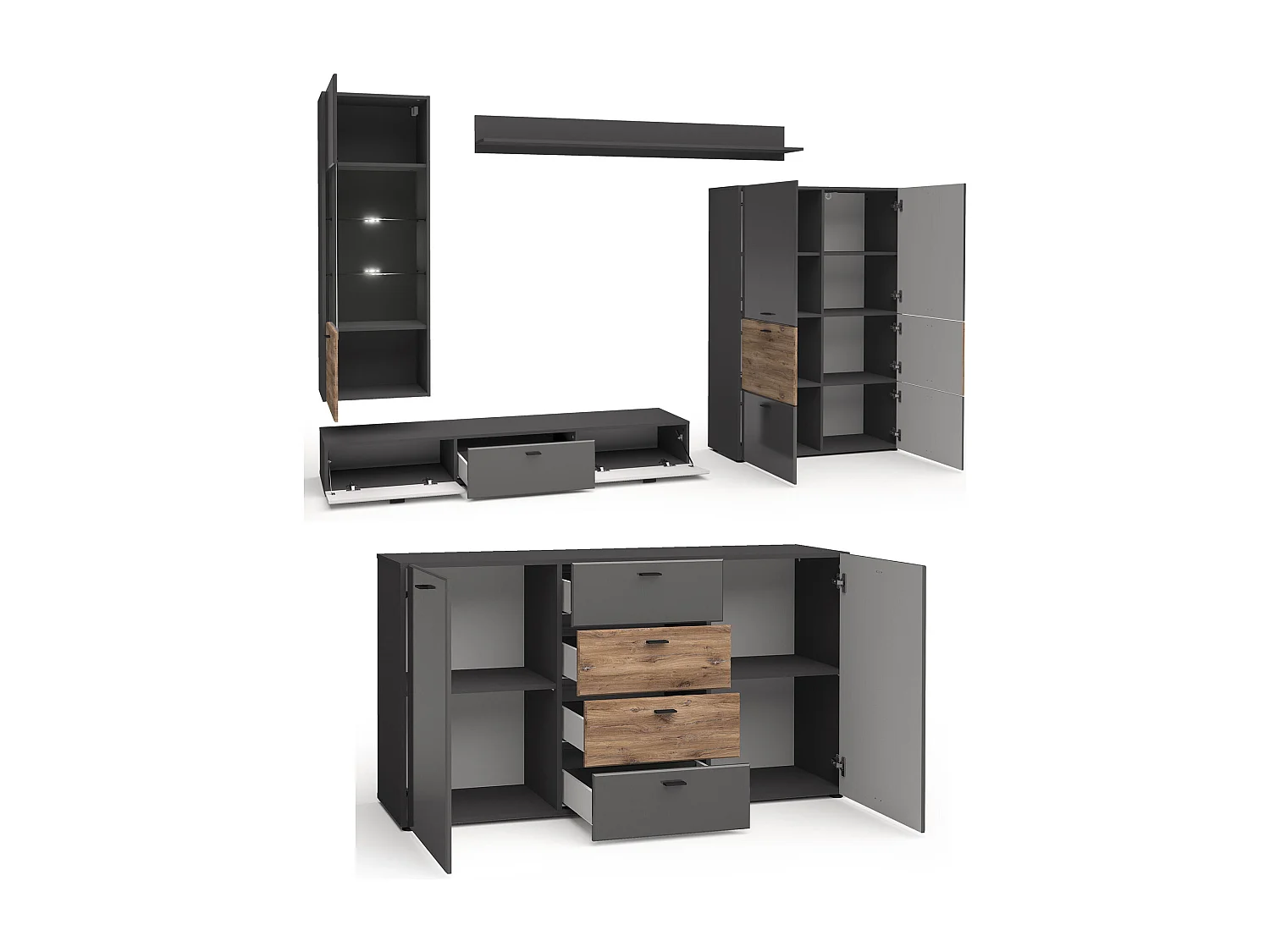 WOHNWAND Oviedo graphit matt / Flagstaff Eiche 6-teilig