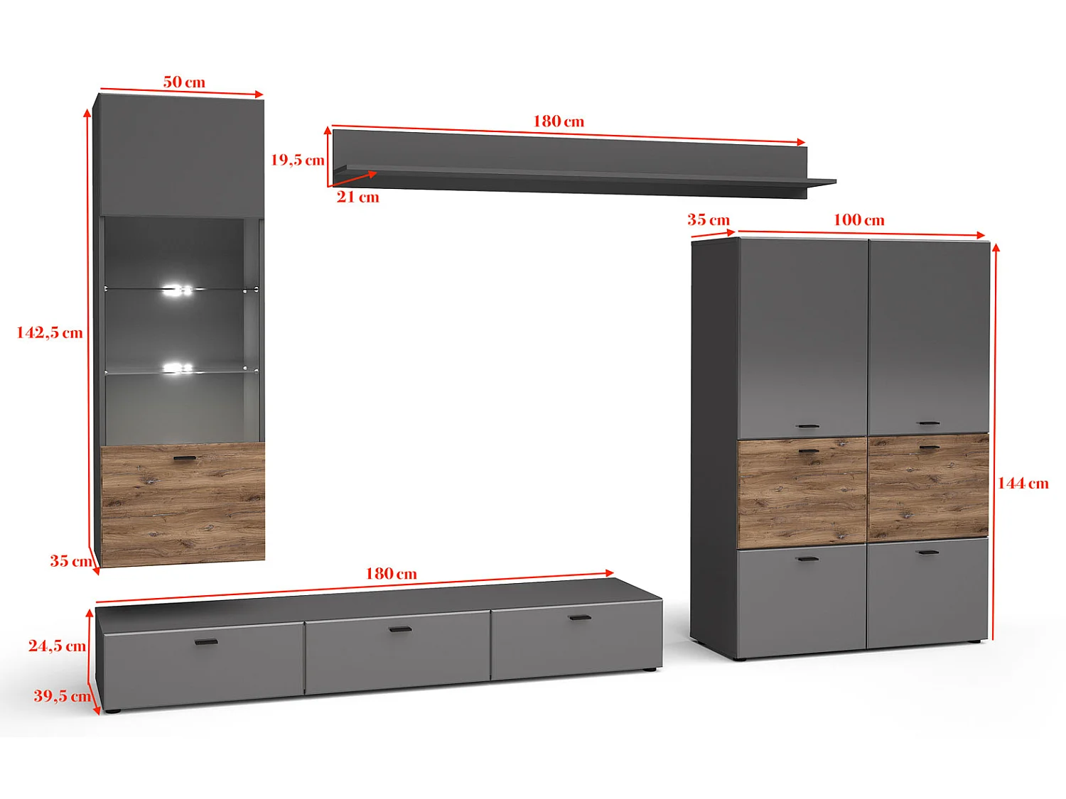 WOHNWAND Oviedo graphit matt / Flagstaff Eiche 6-teilig