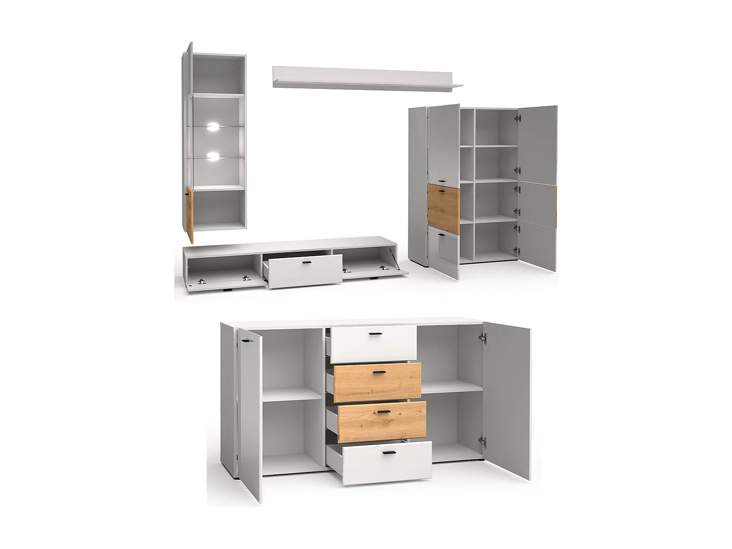 WOHNWAND Oviedo weiß matt / weiß Hochglanz - Artisan Eiche 6-teilig