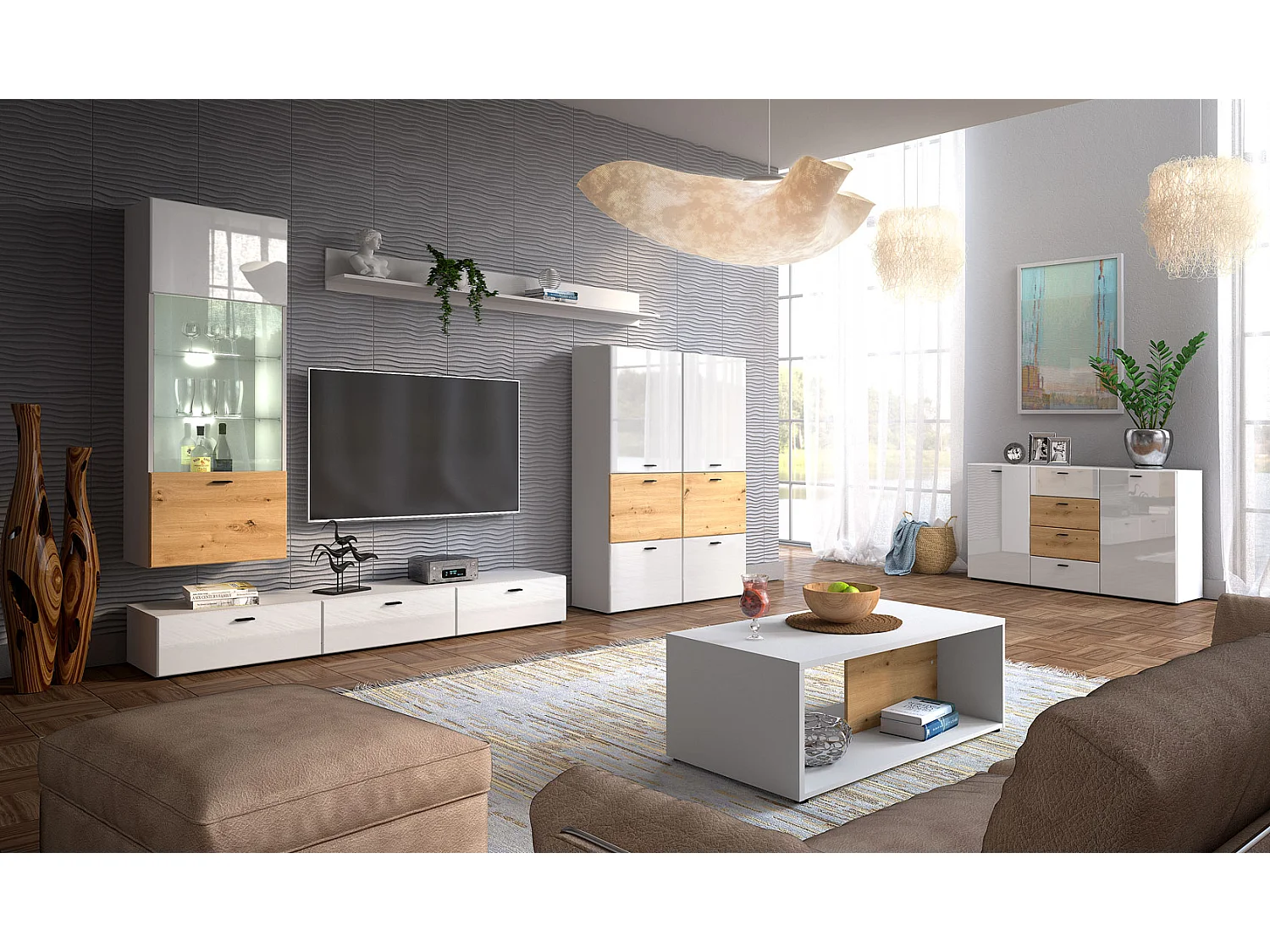 WOHNWAND Oviedo weiß matt / weiß Hochglanz - Artisan Eiche 6-teilig