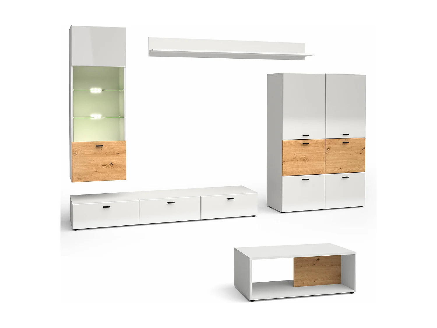 WOHNWAND Oviedo weiß matt / weiß Hochglanz - Artisan Eiche 5-teilig