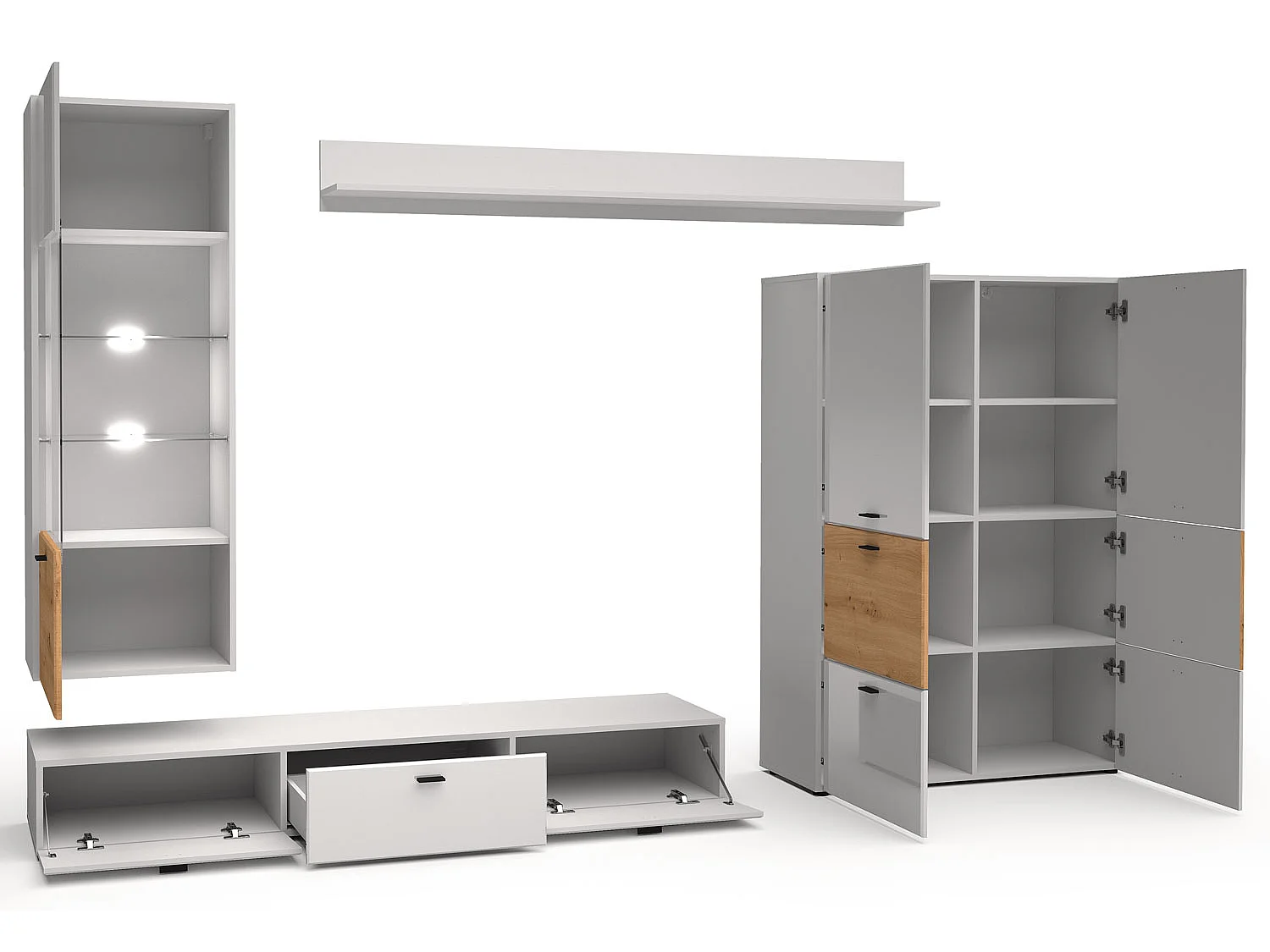 WOHNWAND Oviedo weiß matt / weiß Hochglanz - Artisan Eiche 5-teilig