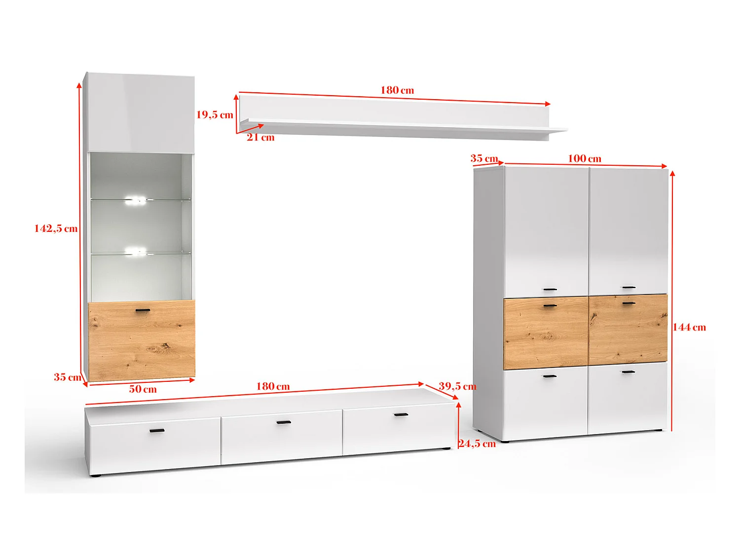 WOHNWAND Oviedo weiß matt / weiß Hochglanz - Artisan Eiche 5-teilig