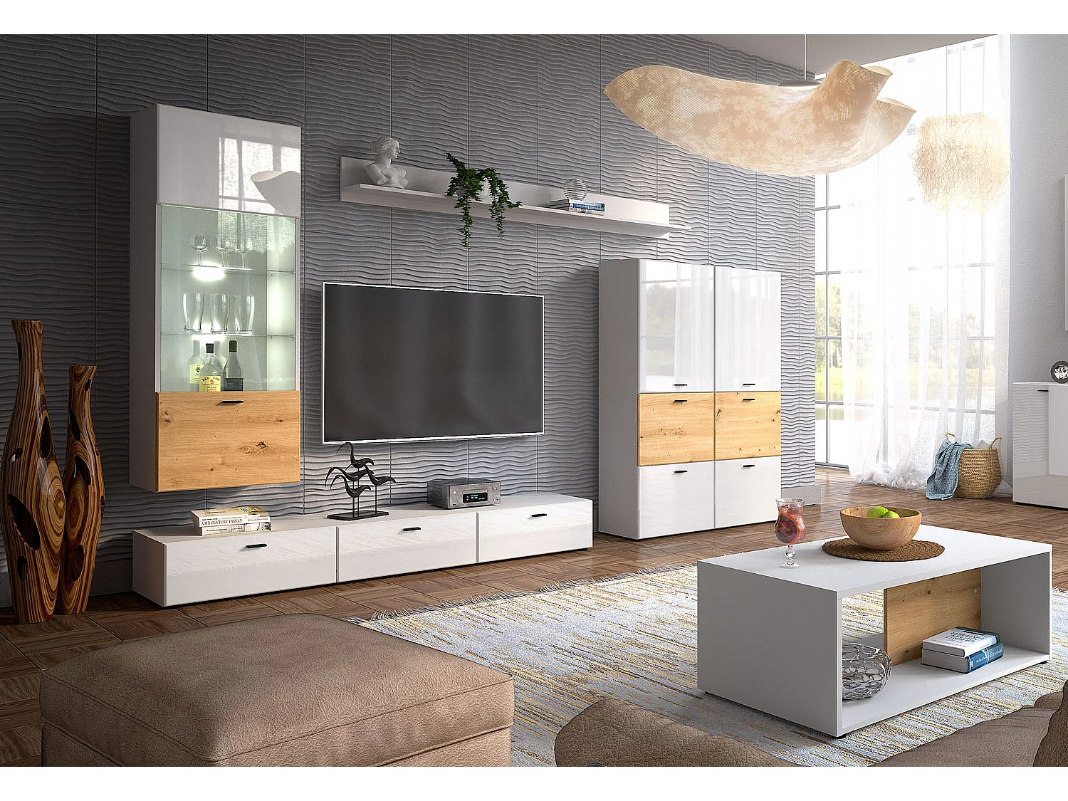 WOHNWAND Oviedo weiß matt / weiß Hochglanz - Artisan Eiche 5-teilig