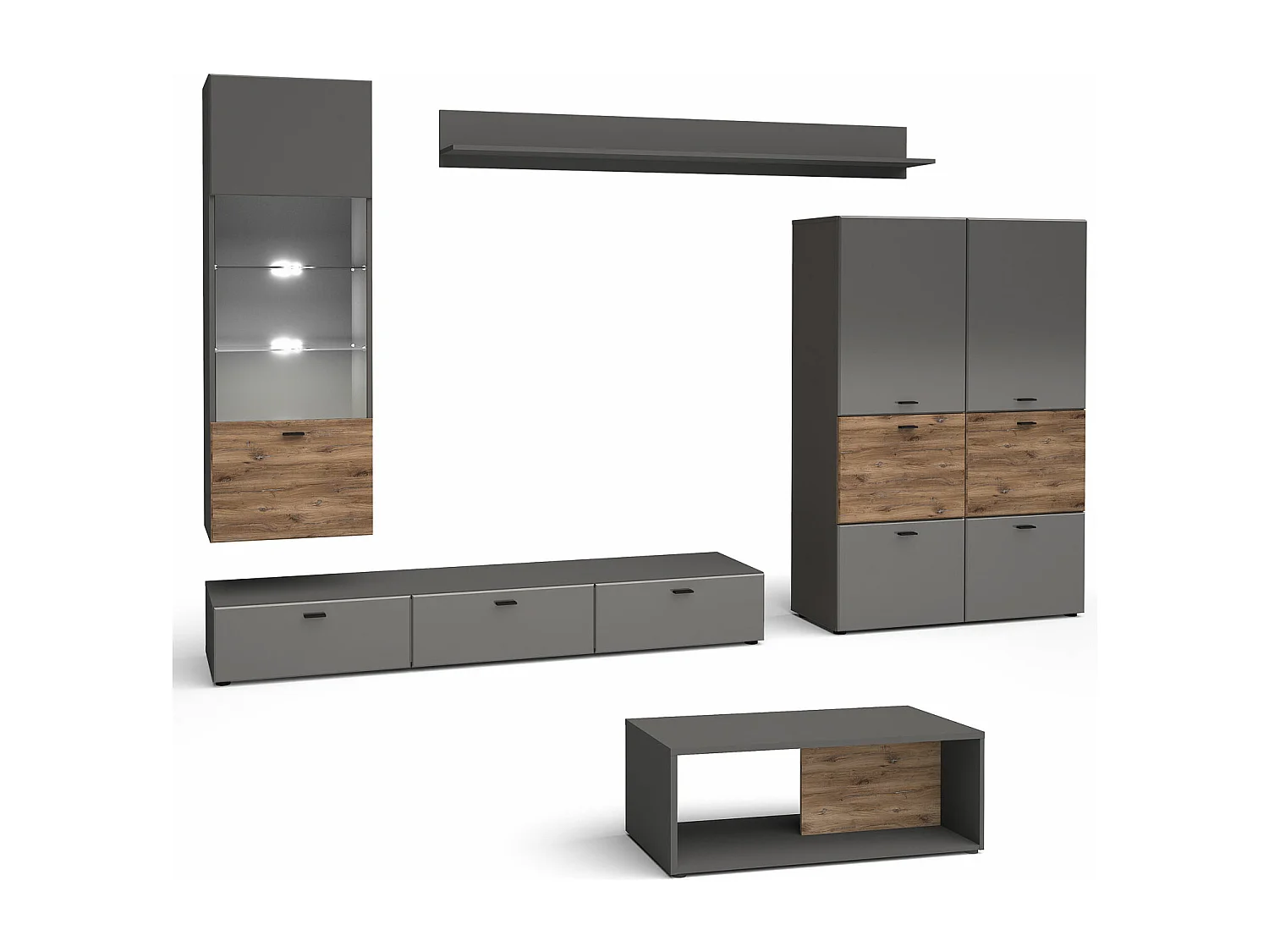 WOHNWAND Oviedo graphit matt / Flagstaff Eiche 5-teilig