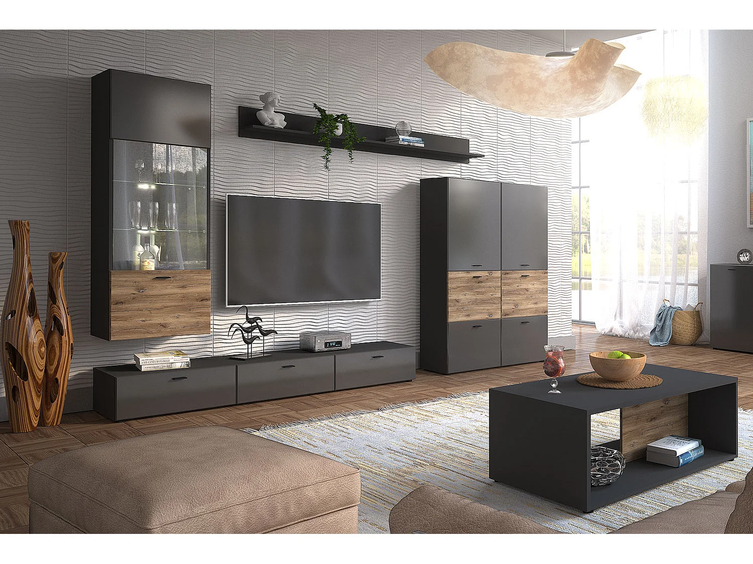 WOHNWAND Oviedo graphit matt / Flagstaff Eiche 5-teilig