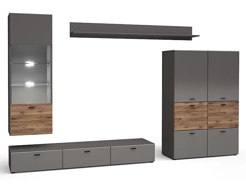 WOHNWAND Oviedo graphit matt / Flagstaff Eiche 4-teilig