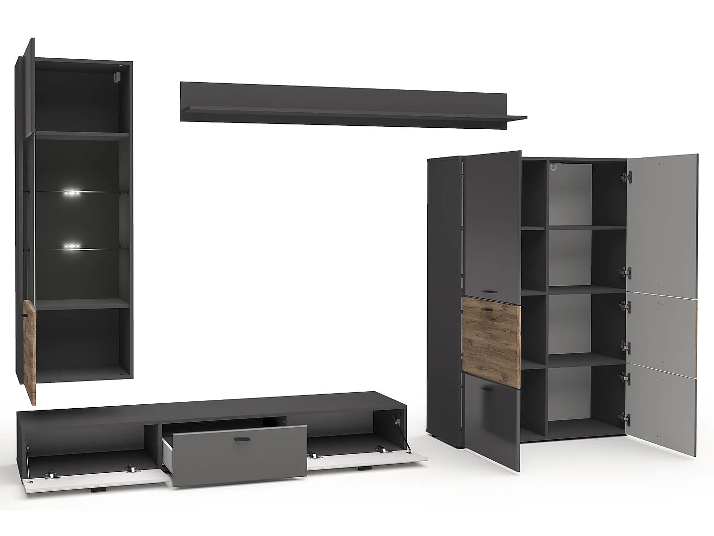 WOHNWAND Oviedo graphit matt / Flagstaff Eiche 4-teilig