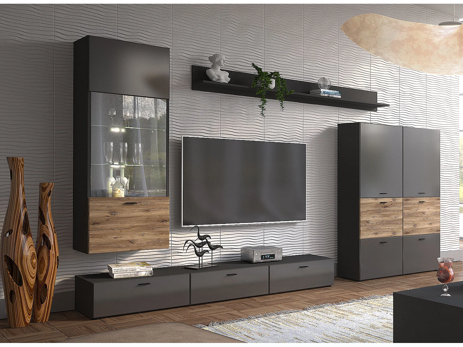 WOHNWAND Oviedo graphit matt / Flagstaff Eiche 4-teilig