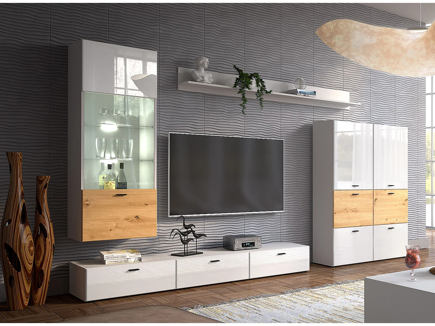 WOHNWAND Oviedo weiß matt / weiß Hochglanz - Artisan Eiche 4-teilig