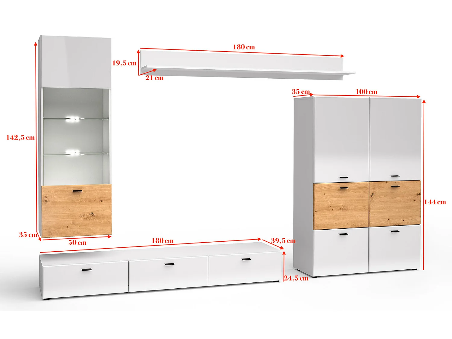 WOHNWAND Oviedo weiß matt / weiß Hochglanz - Artisan Eiche 4-teilig