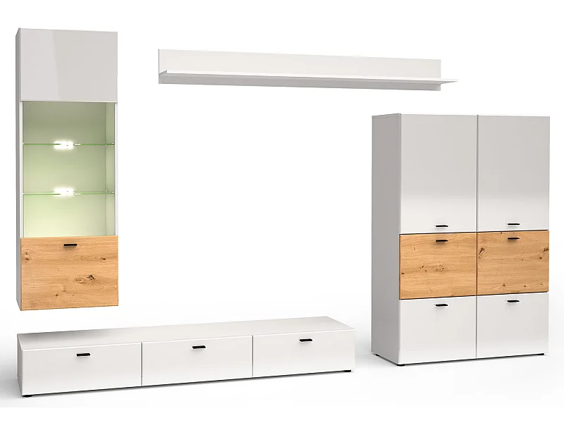 WOHNWAND Oviedo weiß matt / weiß Hochglanz - Artisan Eiche 4-teilig