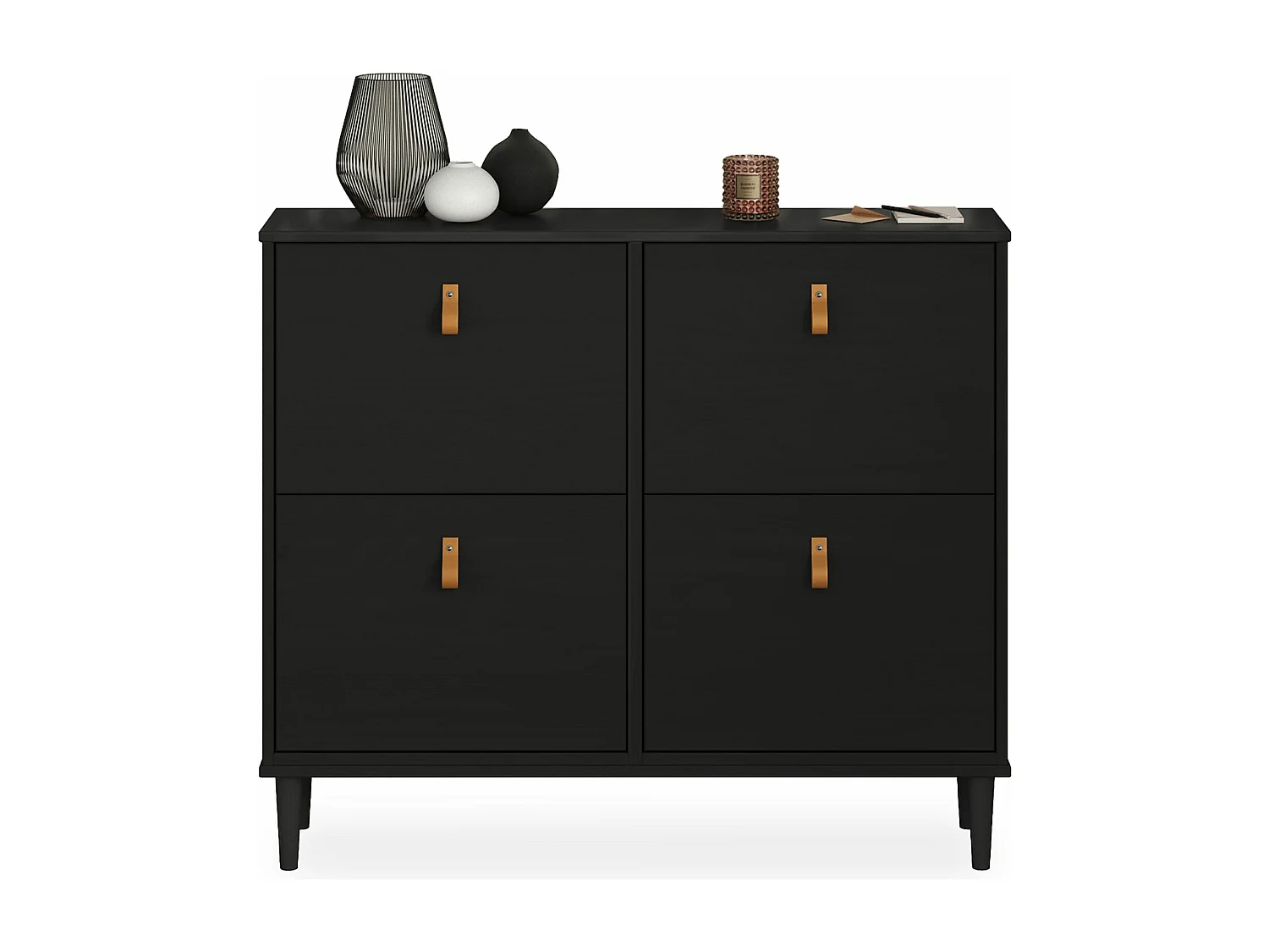 Meuble à chaussures MIKKA en bois, étagère à chaussures bois, rangement avec 4 abattants en pin massif noir