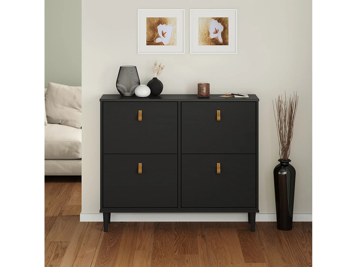 Meuble à chaussures MIKKA en bois, étagère à chaussures bois, rangement avec 4 abattants en pin massif noir