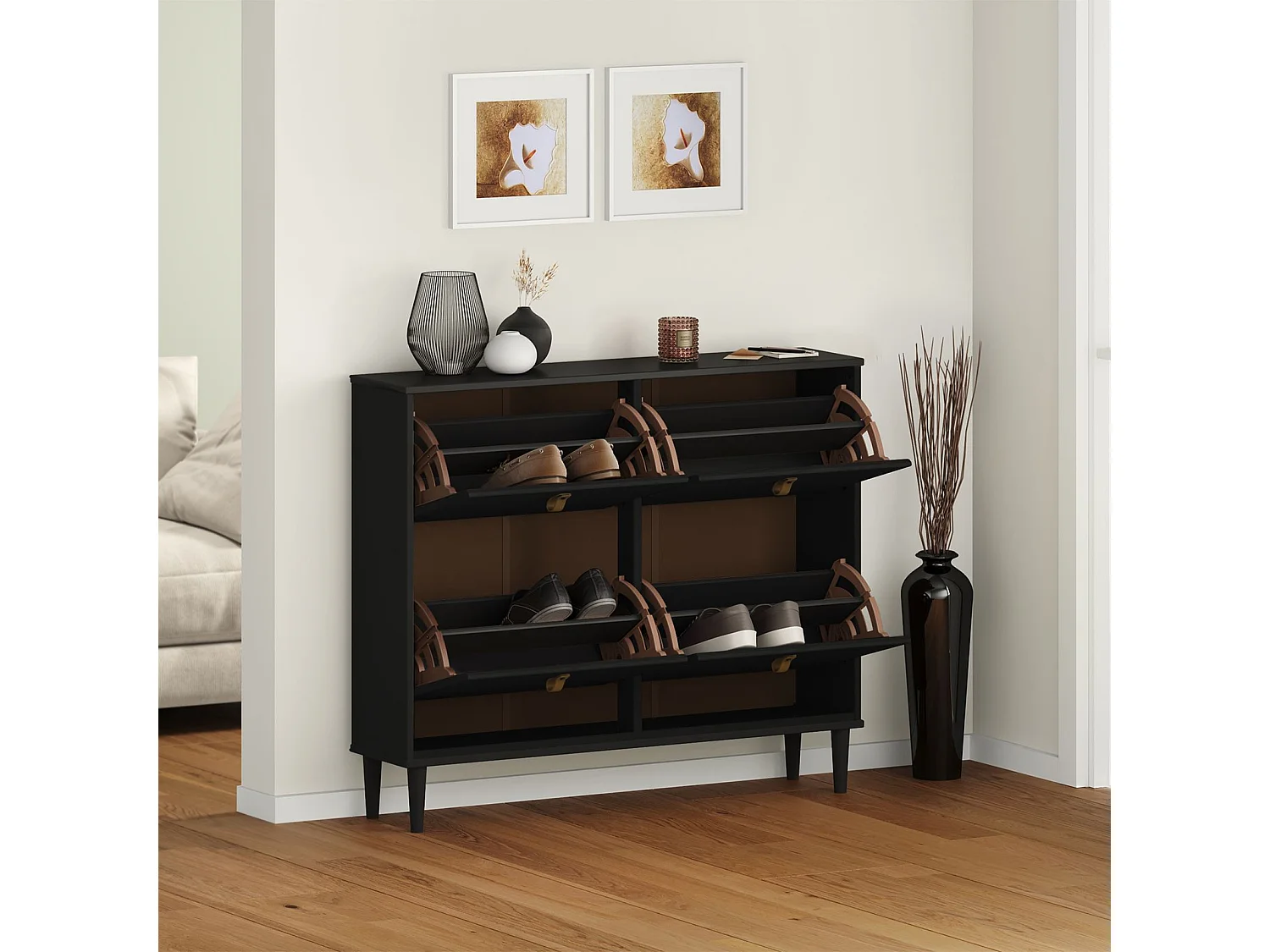 Meuble à chaussures MIKKA en bois, étagère à chaussures bois, rangement avec 4 abattants en pin massif noir