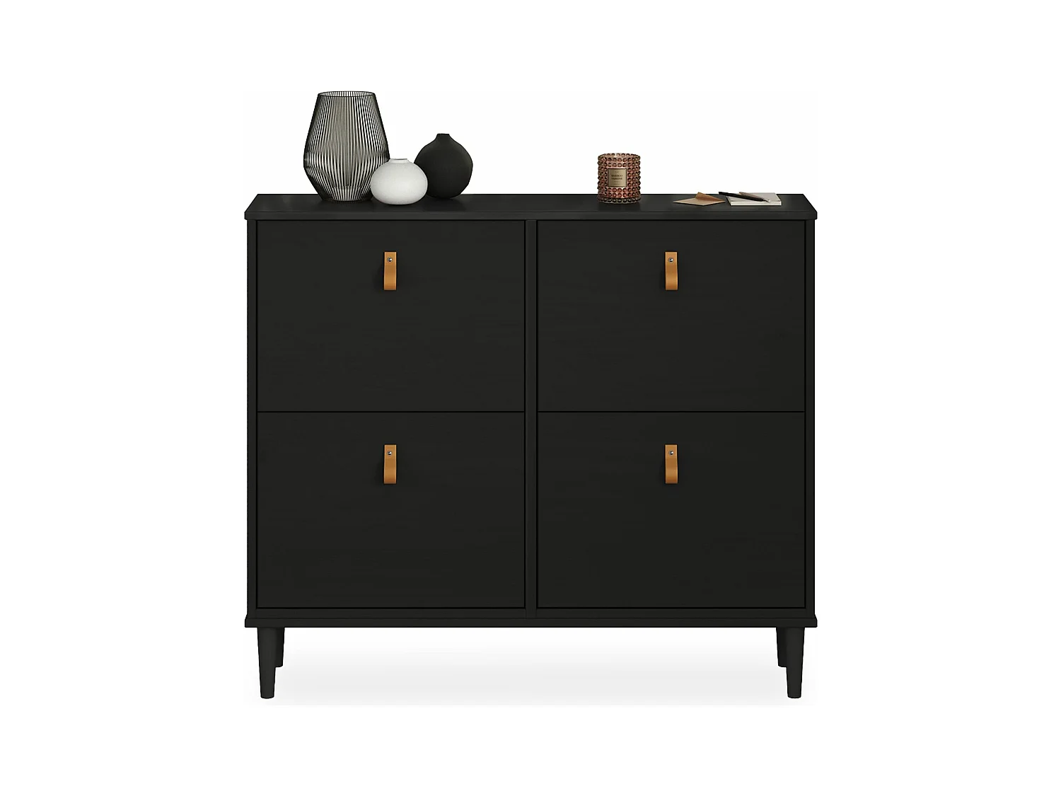 Meuble à chaussures MIKKA en bois, étagère à chaussures bois, rangement avec 4 abattants en pin massif noir