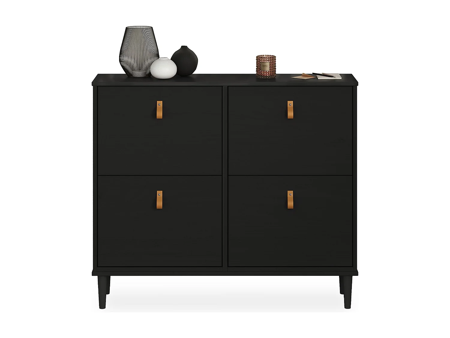 Meuble à chaussures MIKKA en bois, étagère à chaussures bois, rangement avec 4 abattants en pin massif noir