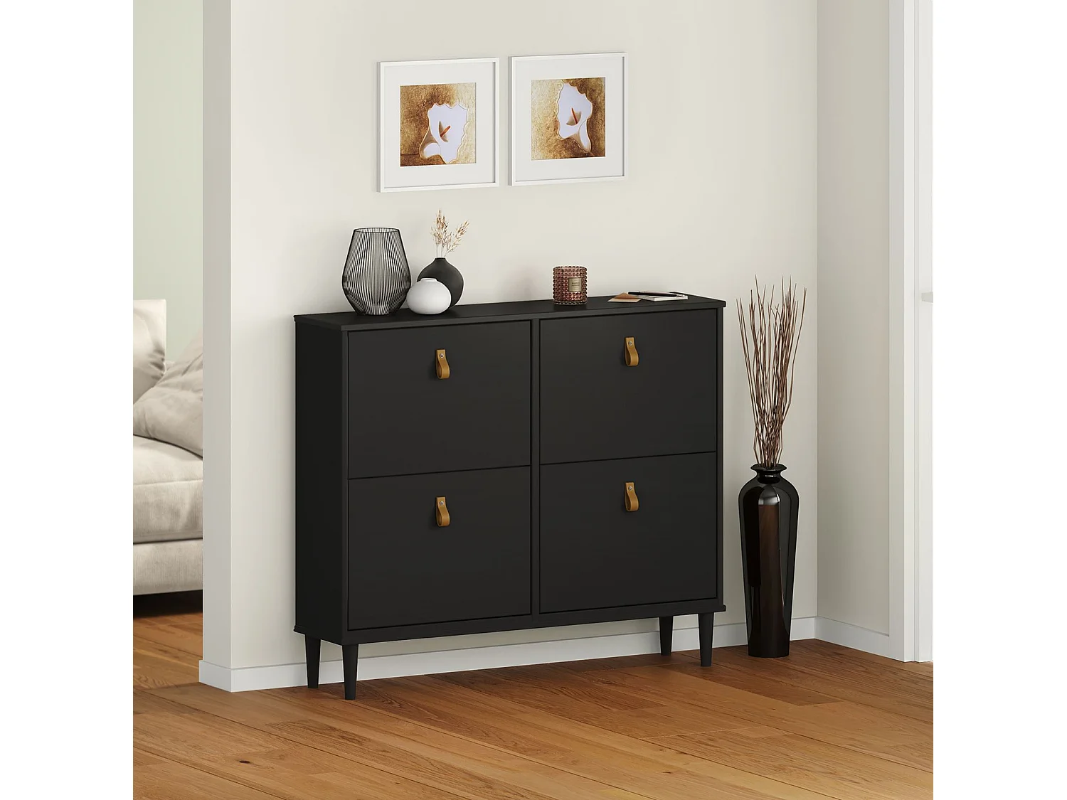 Meuble à chaussures MIKKA en bois, étagère à chaussures bois, rangement avec 4 abattants en pin massif noir