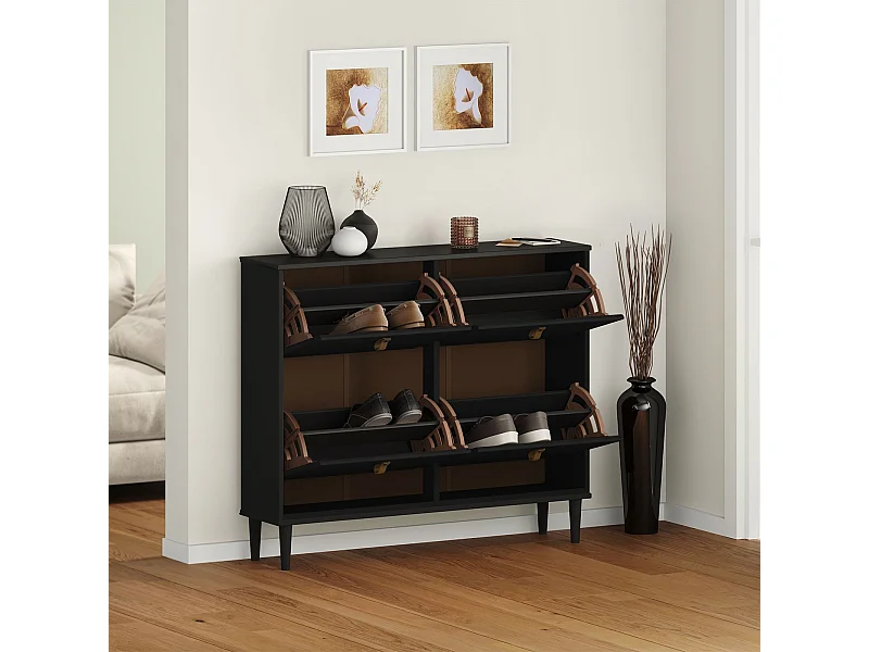 Meuble à chaussures MIKKA en bois, étagère à chaussures bois, rangement avec 4 abattants en pin massif noir
