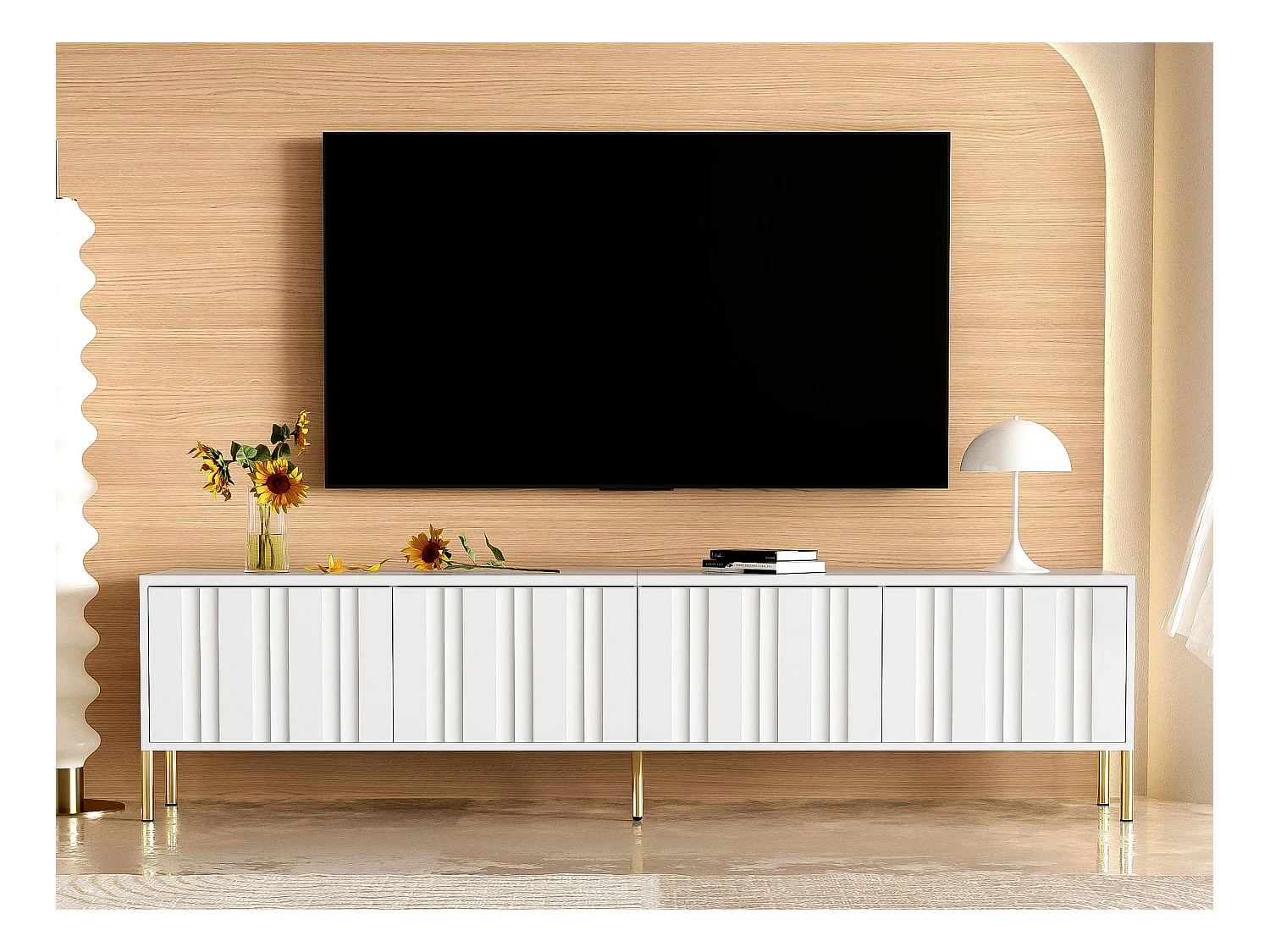 Meuble TV L 190cm - 4 portes et 8 étagères - style moderne - Blanc