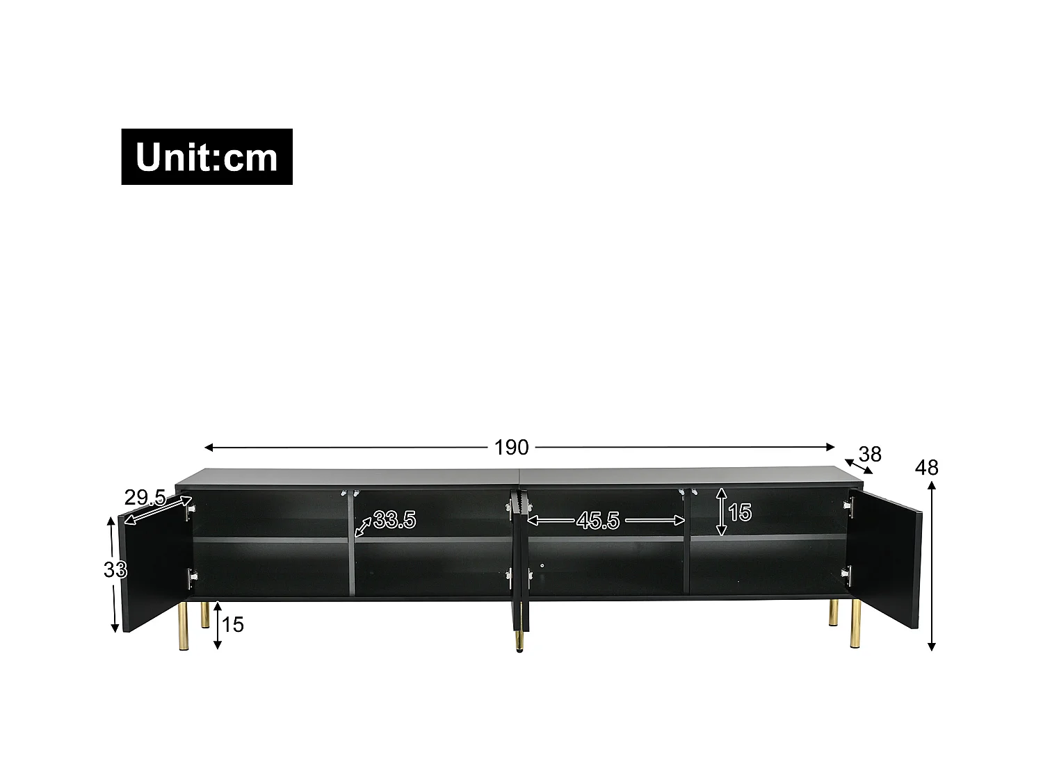 Meble TV L 190 cm - 4 drzwi i 8 półek - styl nowoczesny - Czarny