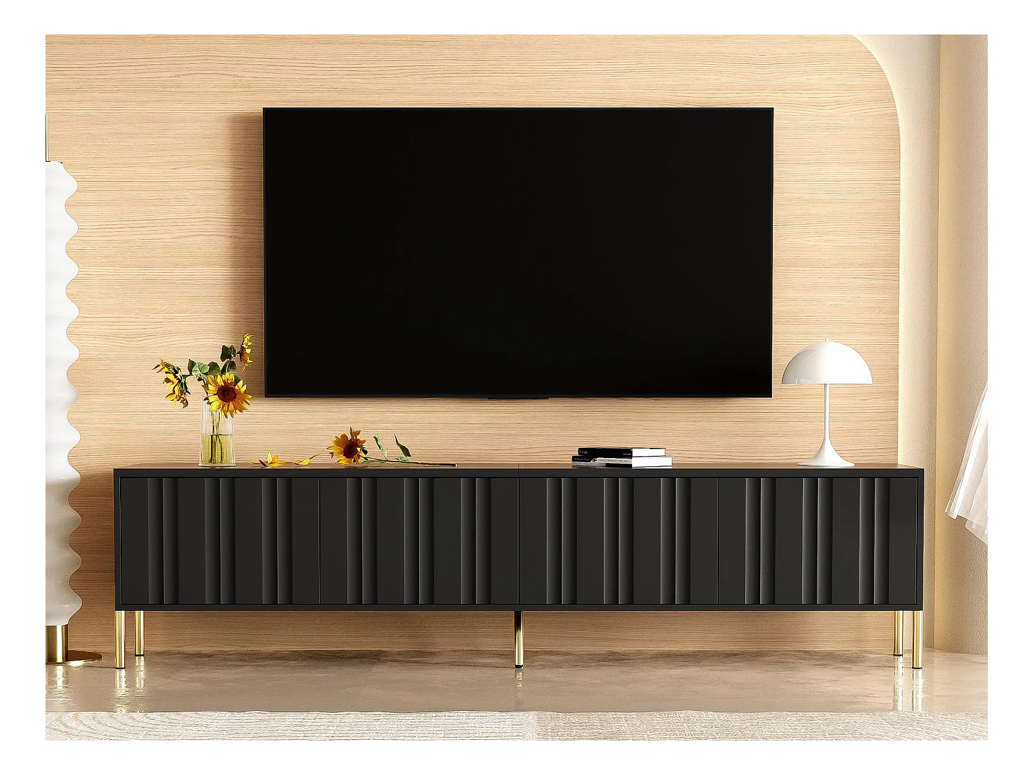 Meuble TV L 190cm - 4 portes et 8 étagères - style moderne - Noir