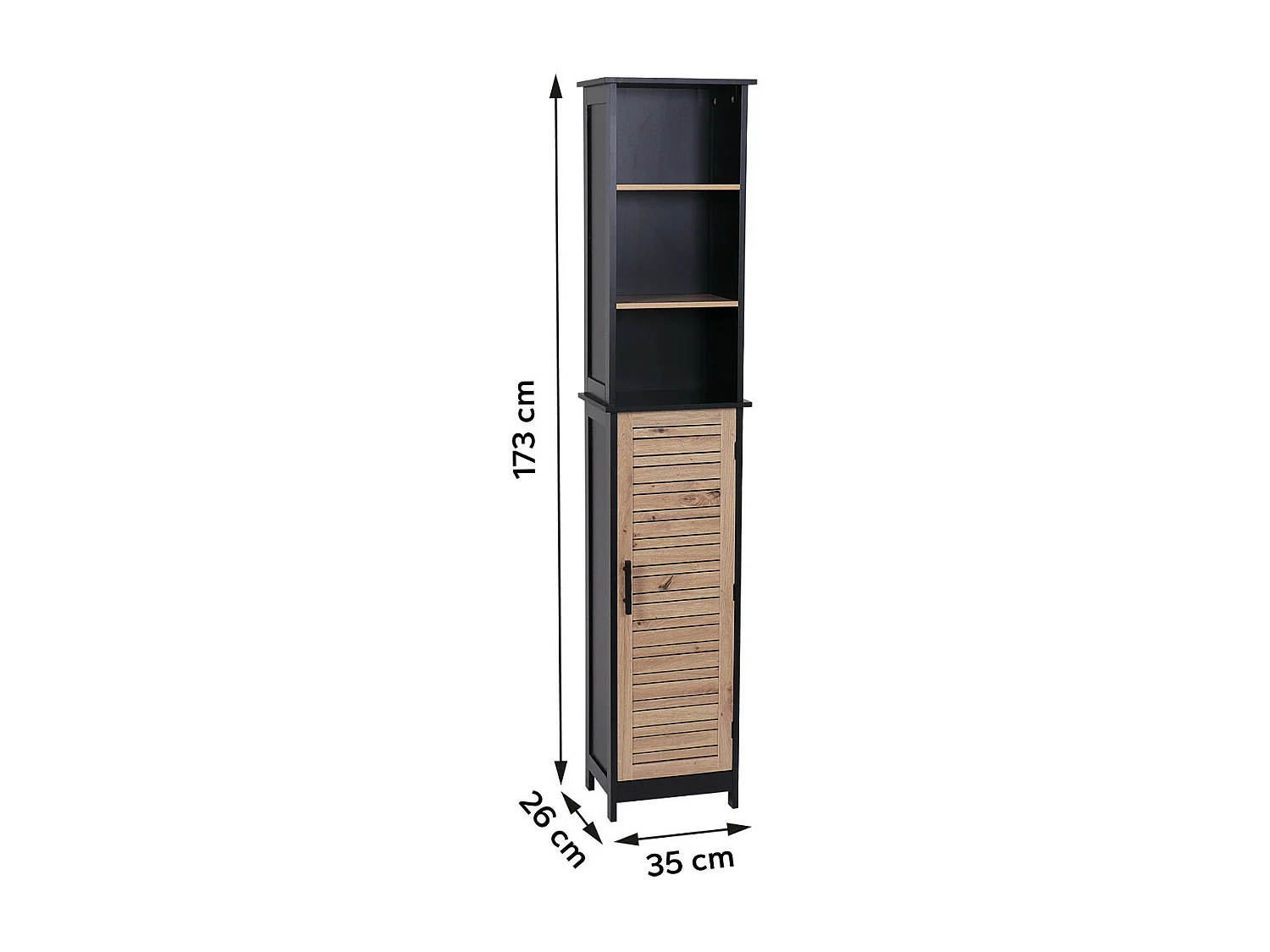 Meuble Colonne de rangement 1 Porte 2 Étagères 3 Niches H 173 cm - Noir