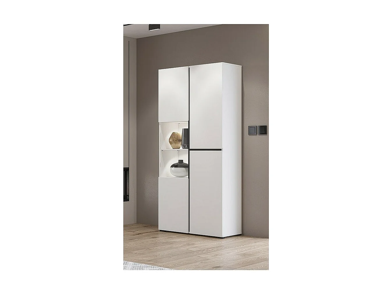 Vitrine haute 2 portes collection HAVANA avec LED intégrée. Coloris blanc et noir.